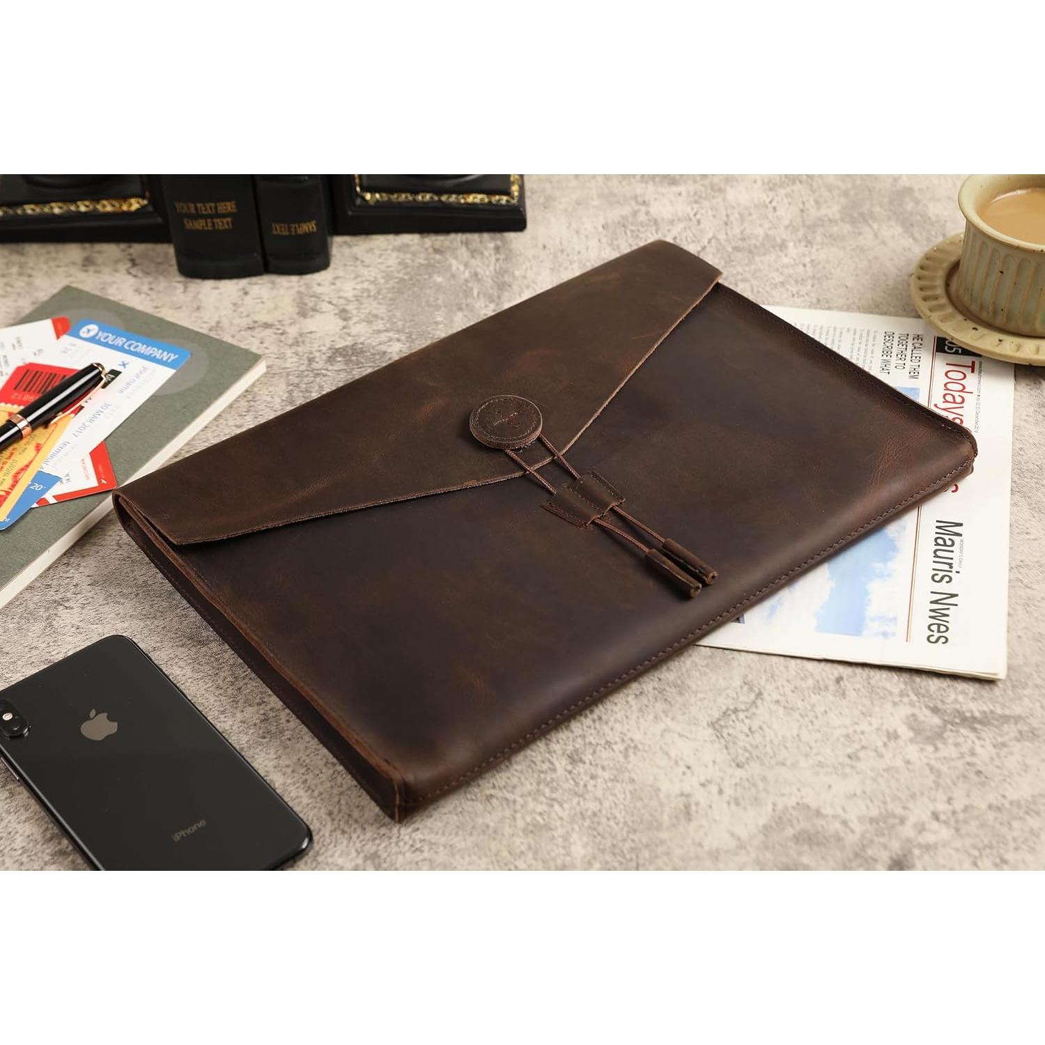 Carpeta de Cuero Genuino GZRHKJ para Laptop 15" Caqui Oscuro