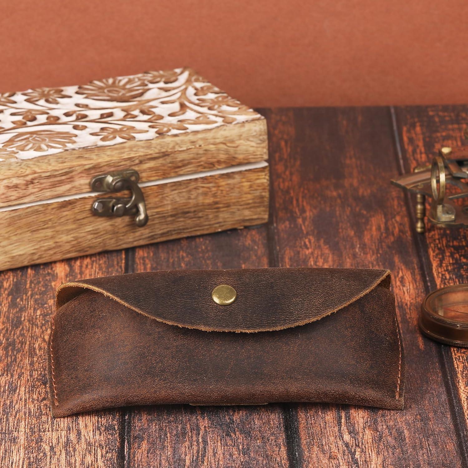 Estuche de Gafas de Cuero Genuino El Antiq Marrón 17.78x7.62cm