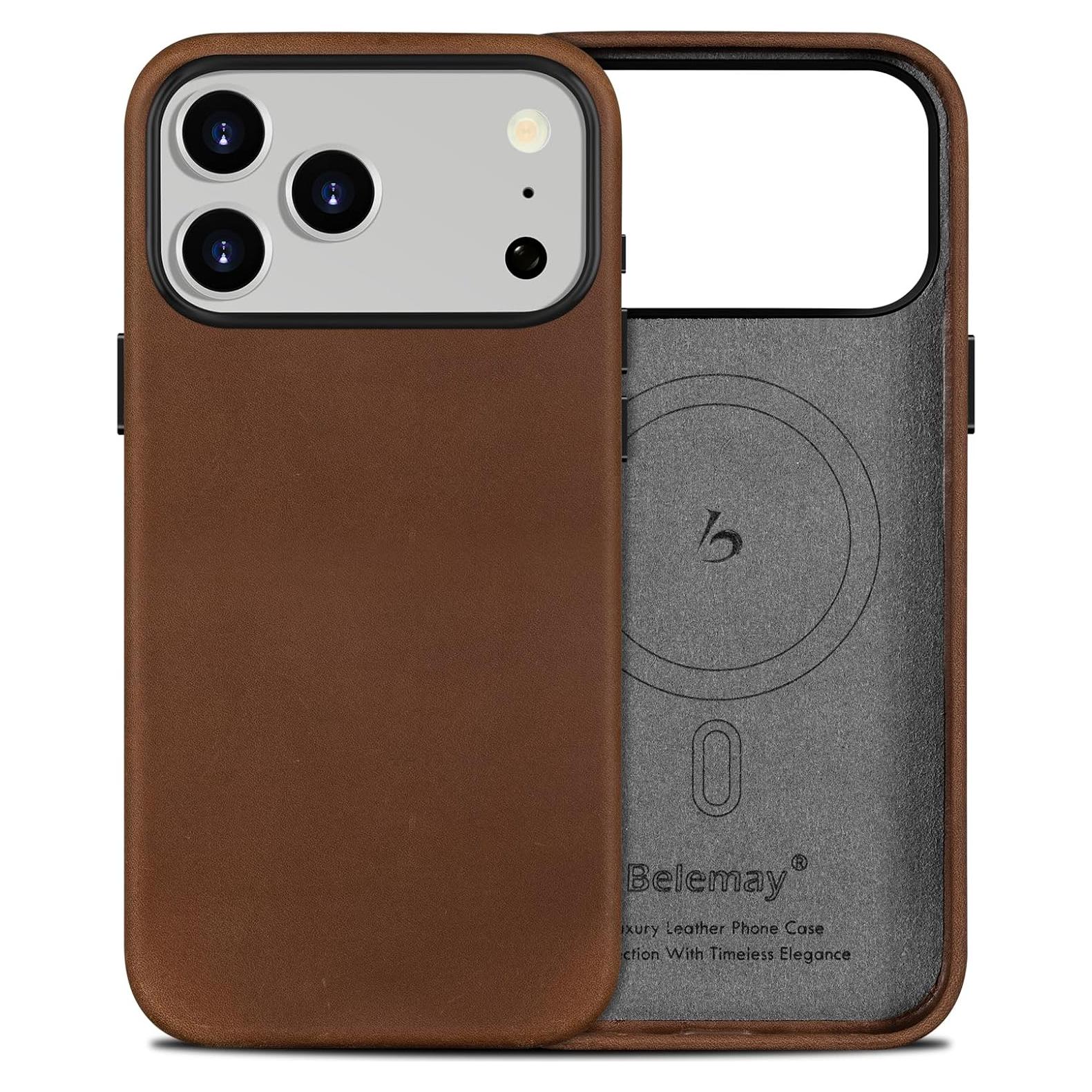 Funda de Cuero Crazy Horse Belemay para iPhone 17 Pro - Marrón Vintage