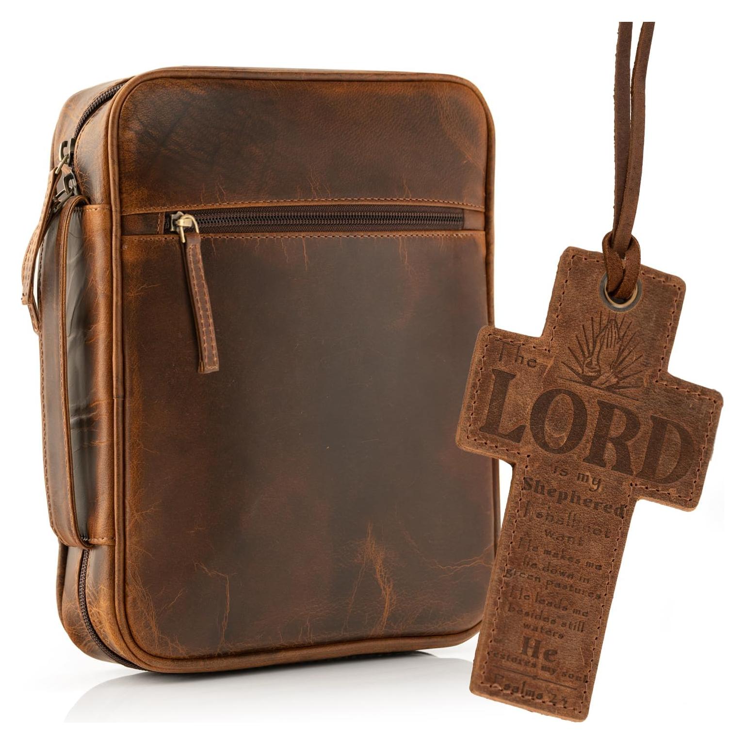 Funda de Biblia de Cuero ELIZO Grande Marrón Antiguo con Cremallera