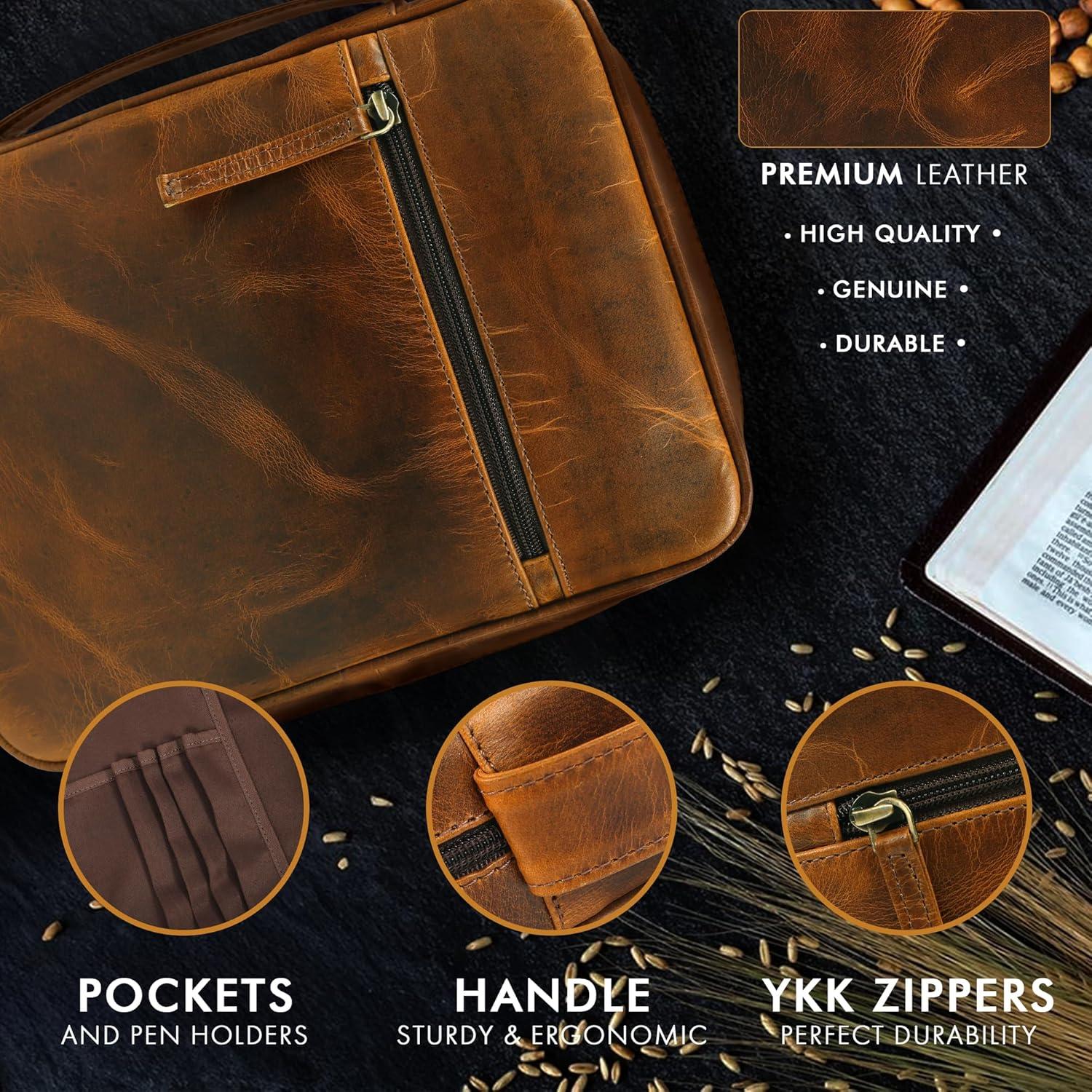 Funda de Biblia de Cuero ELIZO Grande Marrón Antiguo con Cremallera