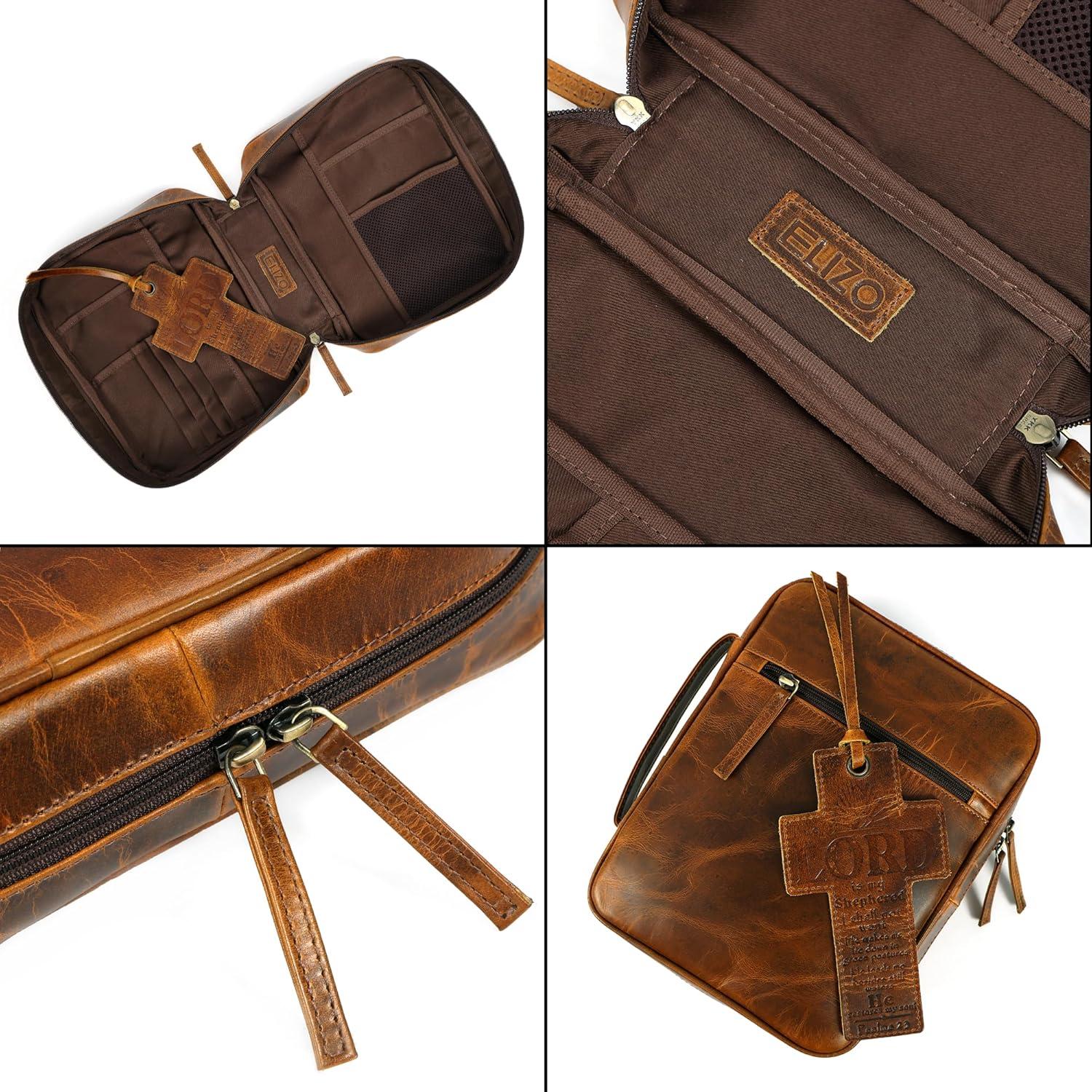 Funda de Biblia de Cuero ELIZO Grande Marrón Antiguo con Cremallera