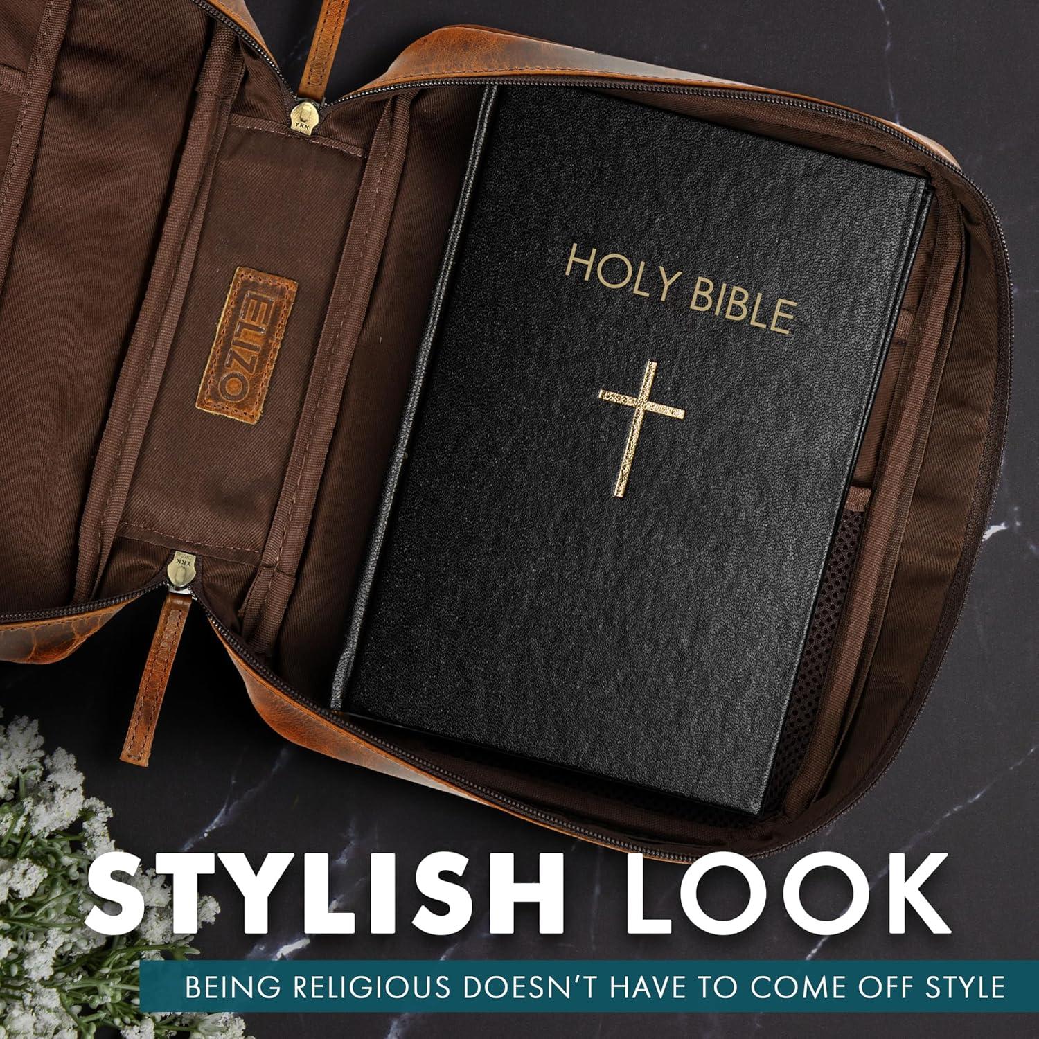 Funda de Biblia de Cuero ELIZO Grande Marrón Antiguo con Cremallera
