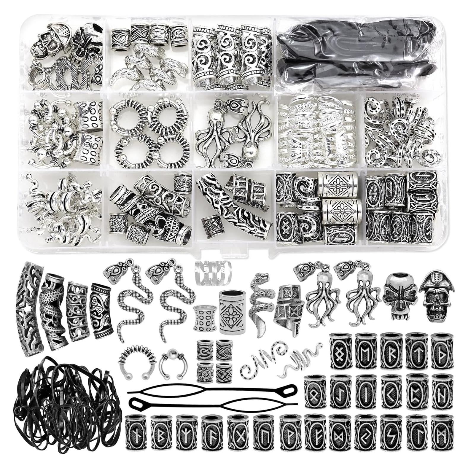 Kit de Joyería Vikinga Fscwlmon 207 Piezas Accesorios para Cabello y Barba