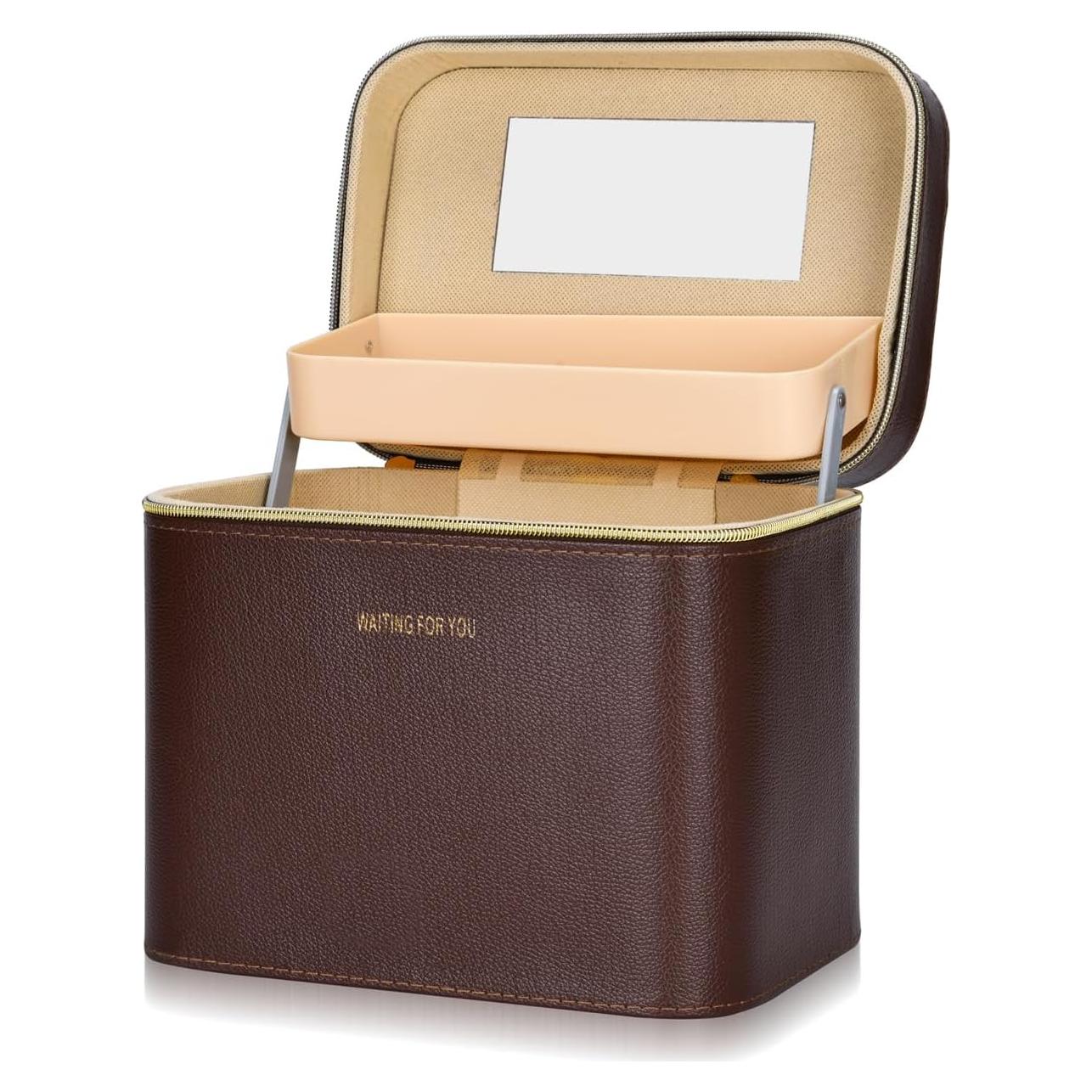 Estuche de Maquillaje de Cuero Duro Marrón 24.1x17x20.1cm