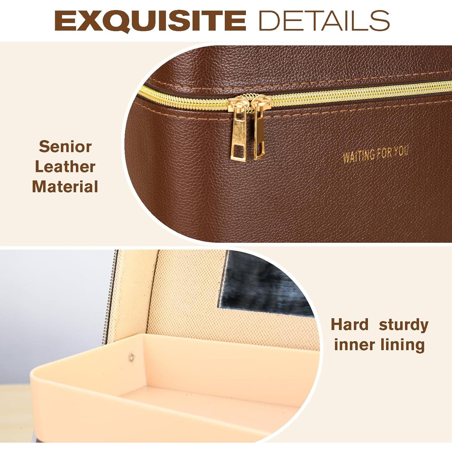 Estuche de Maquillaje de Cuero Duro Marrón 24.1x17x20.1cm