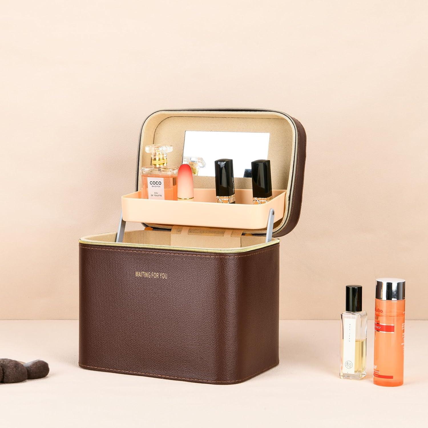 Estuche de Maquillaje de Cuero Duro Marrón 24.1x17x20.1cm