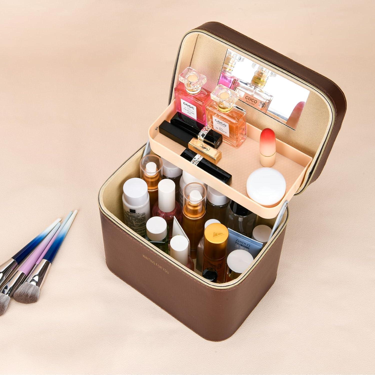 Estuche de Maquillaje de Cuero Duro Marrón 24.1x17x20.1cm