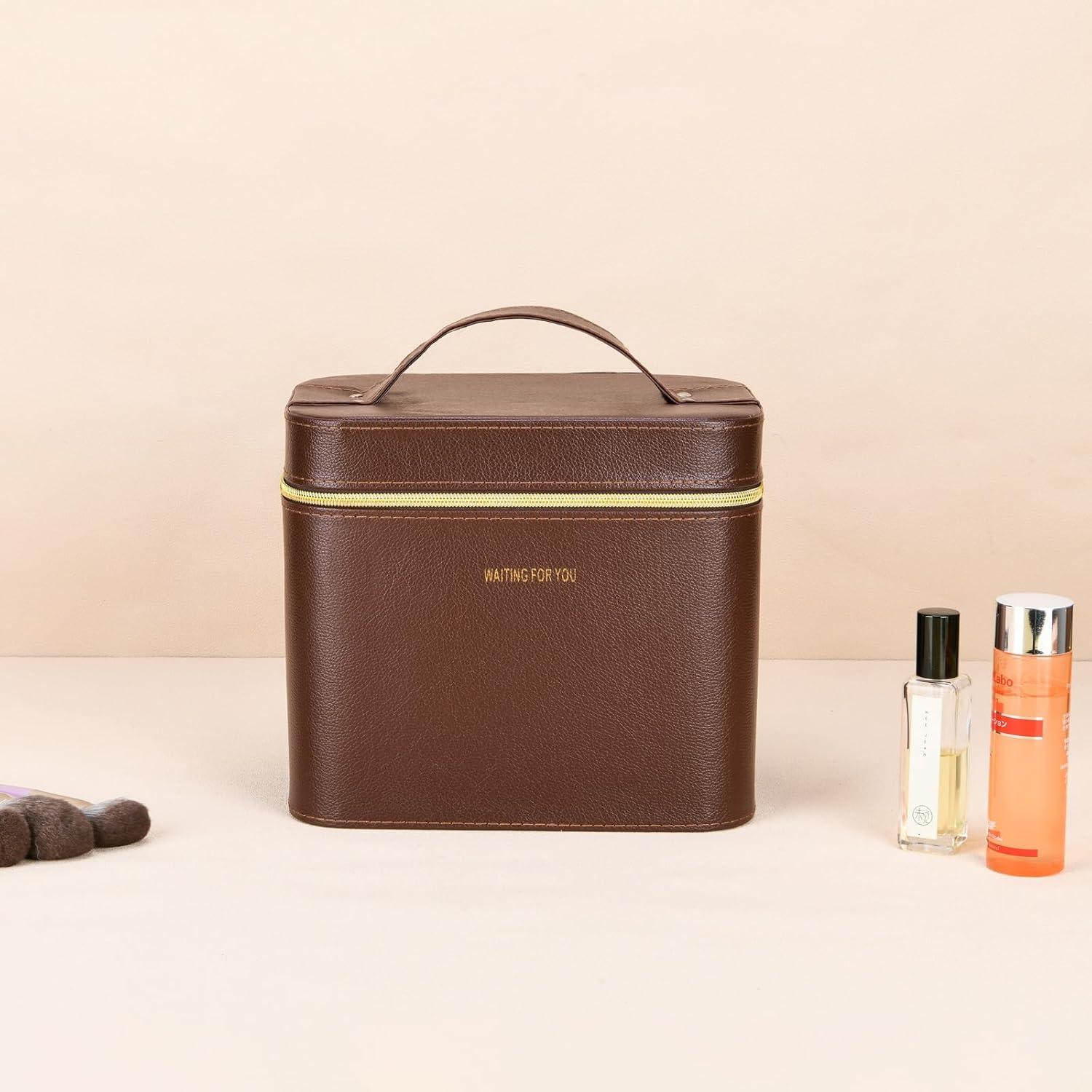 Estuche de Maquillaje de Cuero Duro Marrón 24.1x17x20.1cm