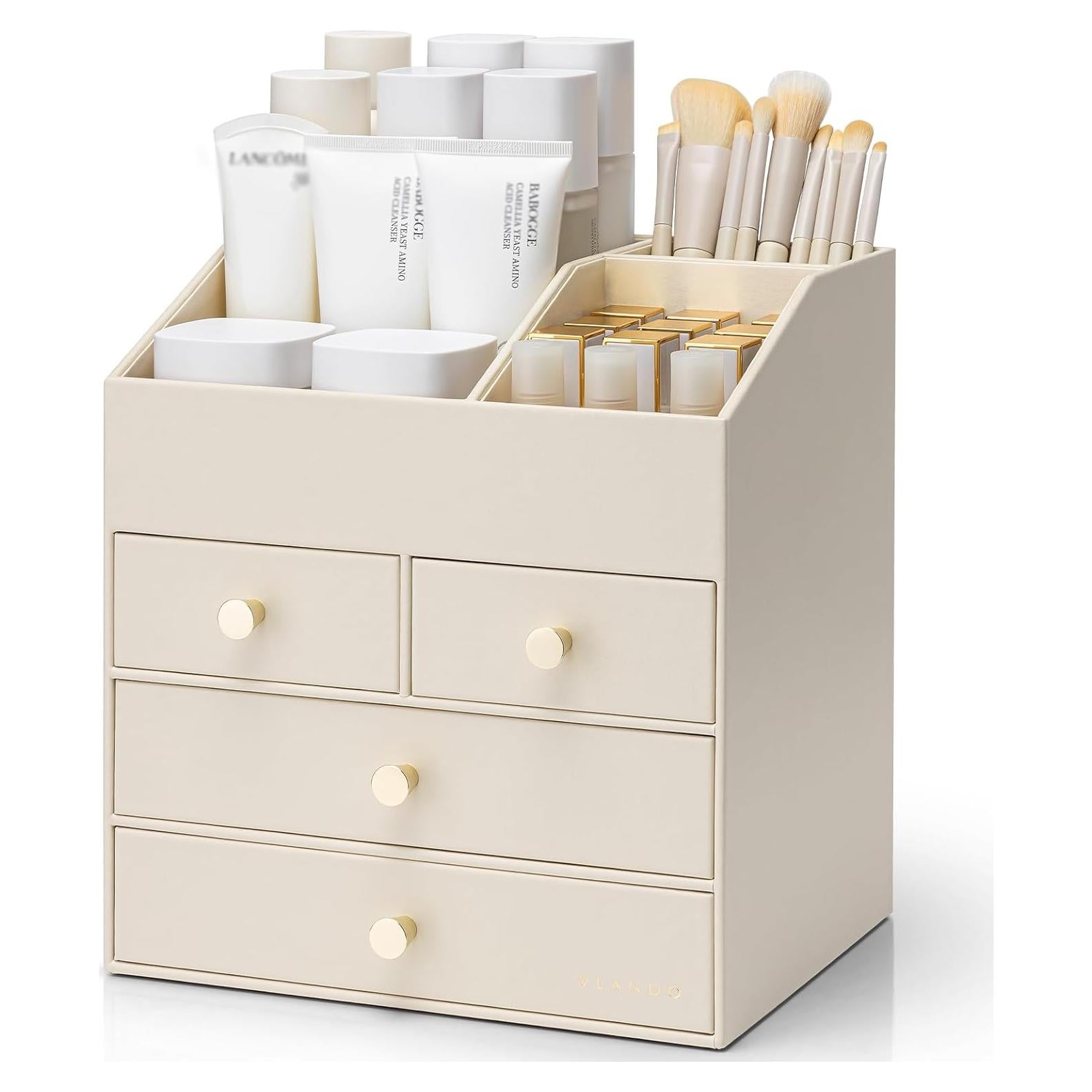Organizador de Maquillaje Vlando Beige con 4 Cajones y Soporte