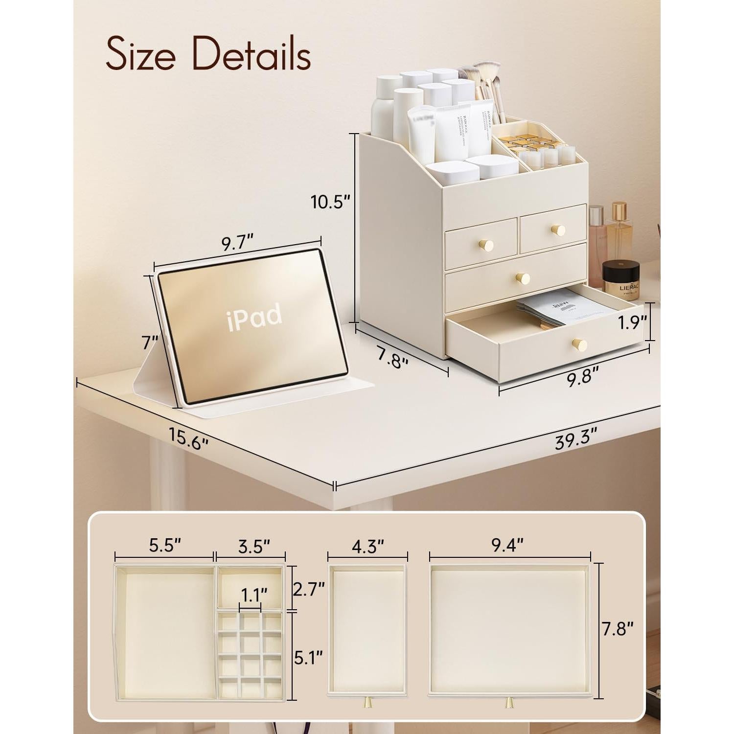 Organizador de Maquillaje Vlando Beige con 4 Cajones y Soporte