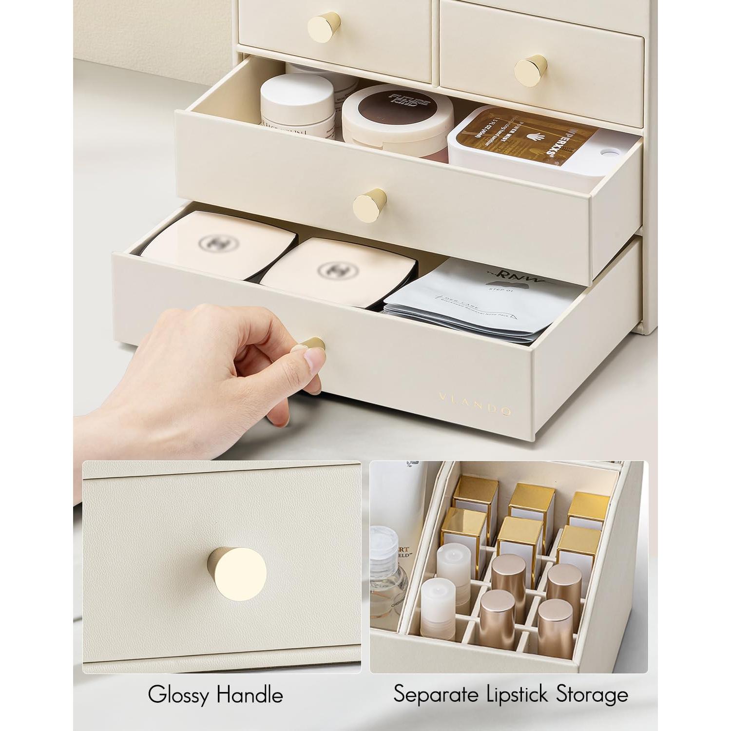 Organizador de Maquillaje Vlando Beige con 4 Cajones y Soporte