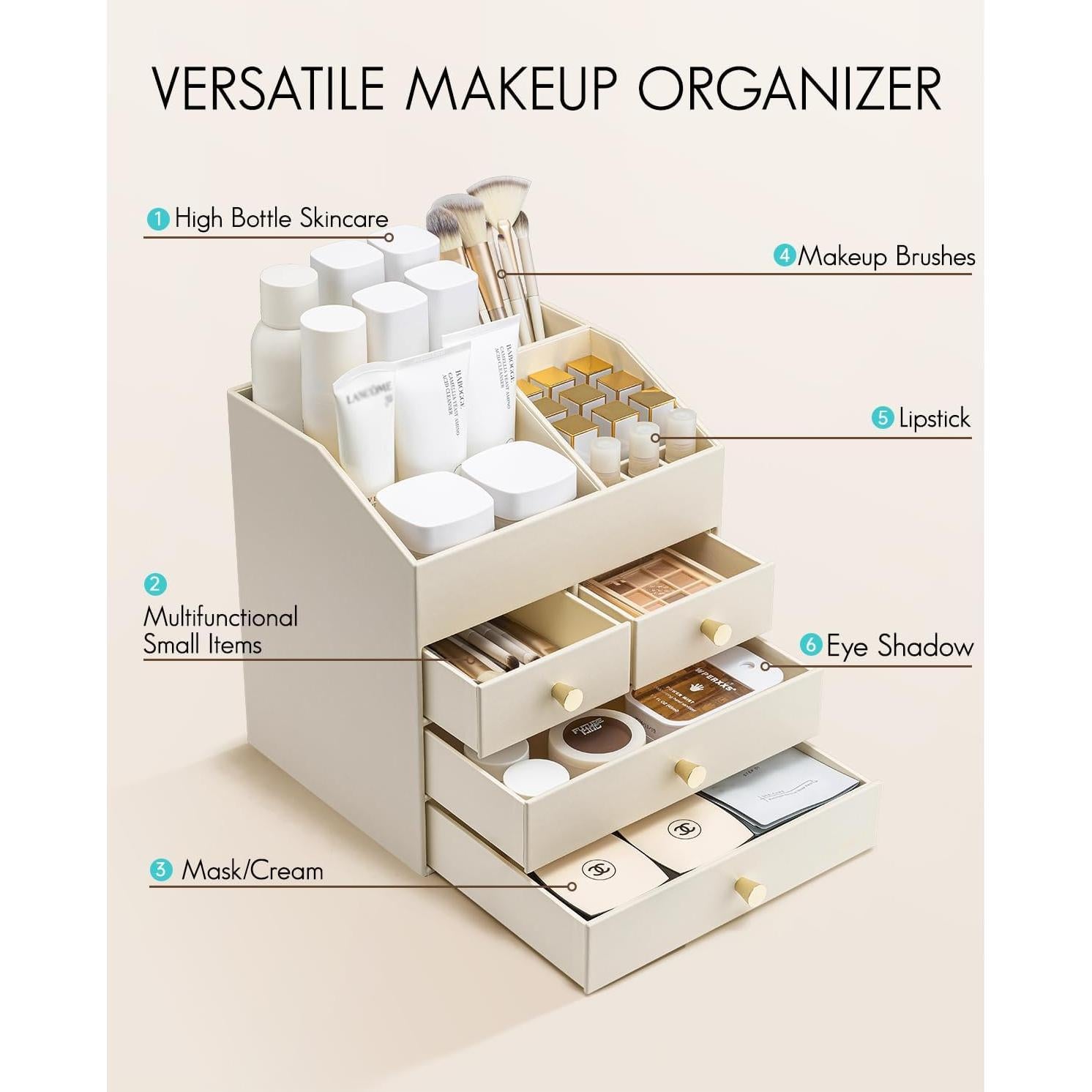 Organizador de Maquillaje Vlando Beige con 4 Cajones y Soporte