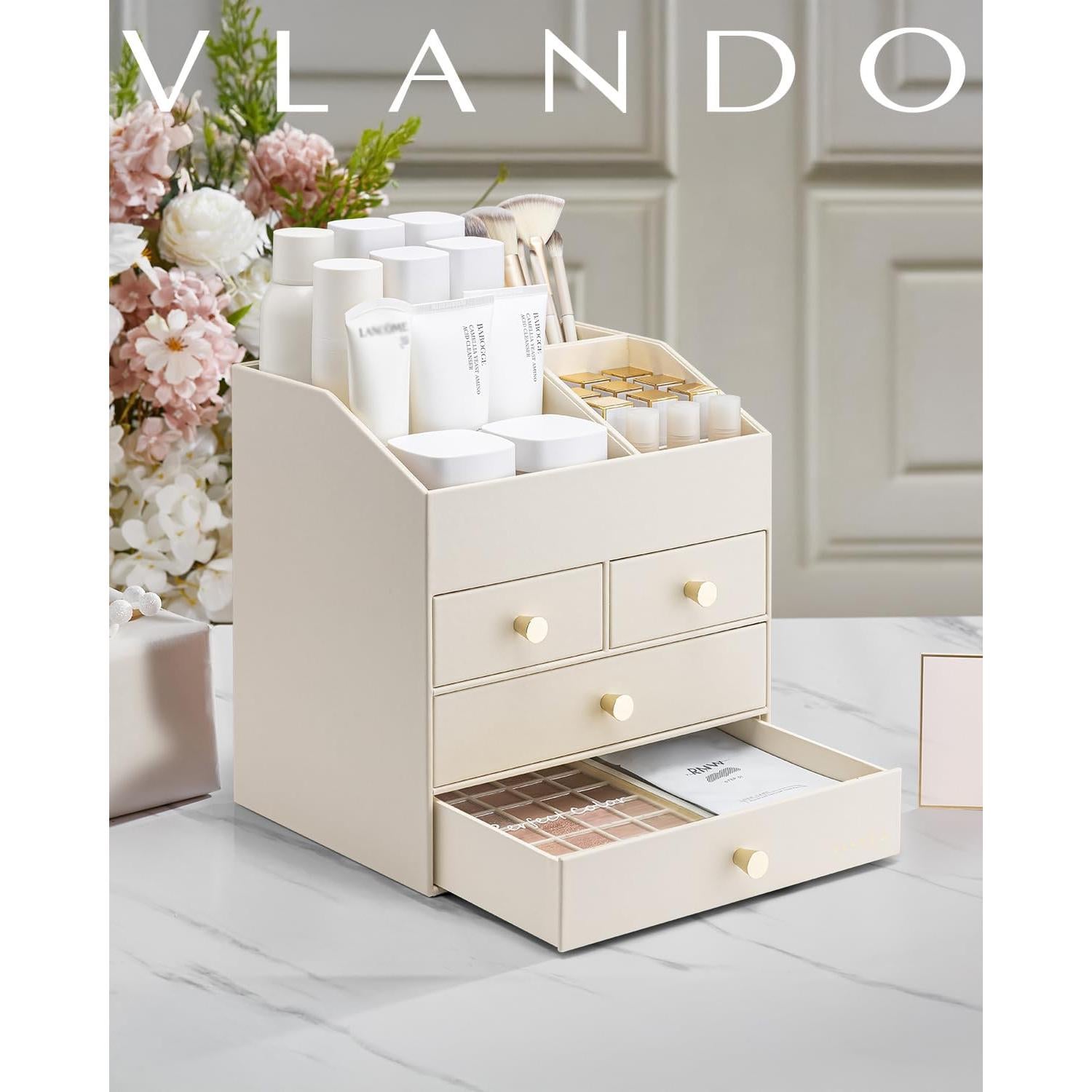 Organizador de Maquillaje Vlando Beige con 4 Cajones y Soporte