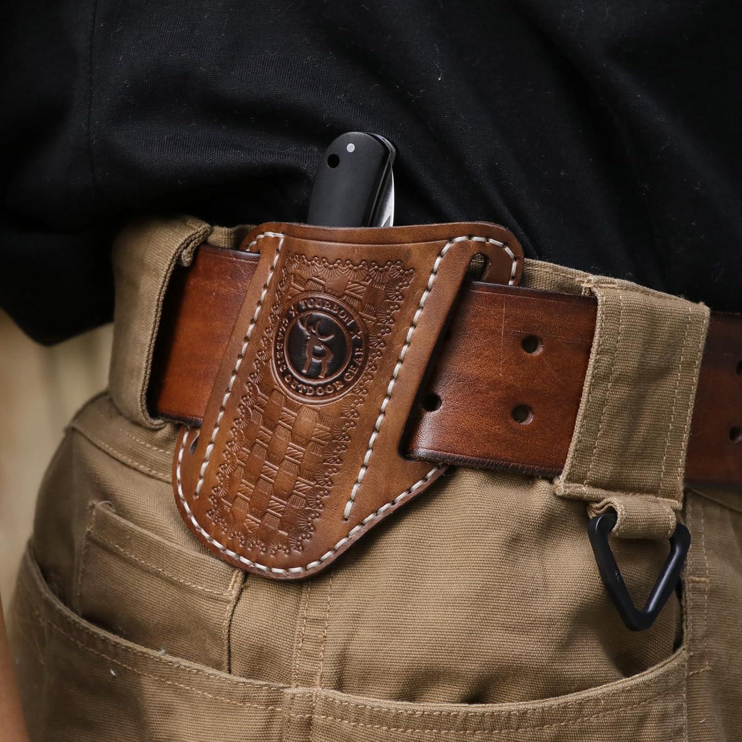 Funda de cuchillo plegable Tourbon de cuero marrón EDC