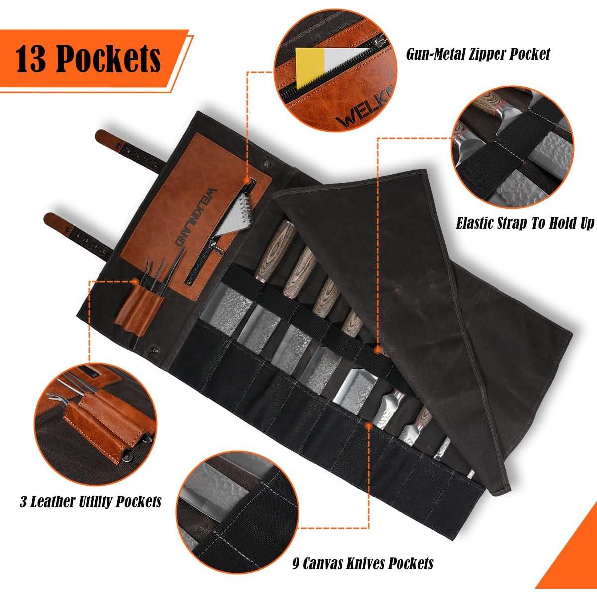 Bolsa de Cuchillos WELKINLAND 13 Bolsillos Lona y Cuero