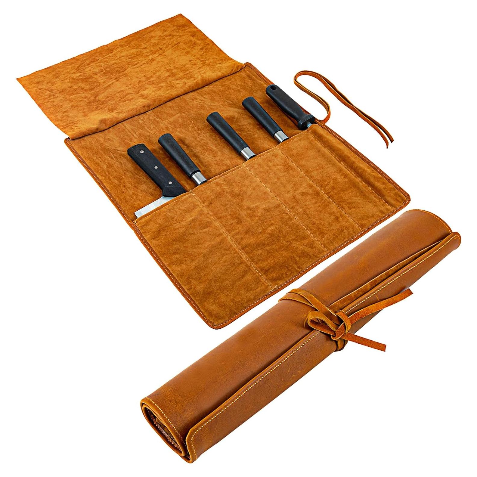 Bolsa de Roll de Cuchillos de Cuero Genuino 5 Compartimentos