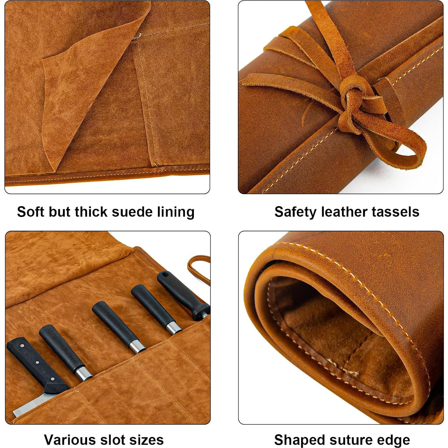 Bolsa de Roll de Cuchillos de Cuero Genuino 5 Compartimentos