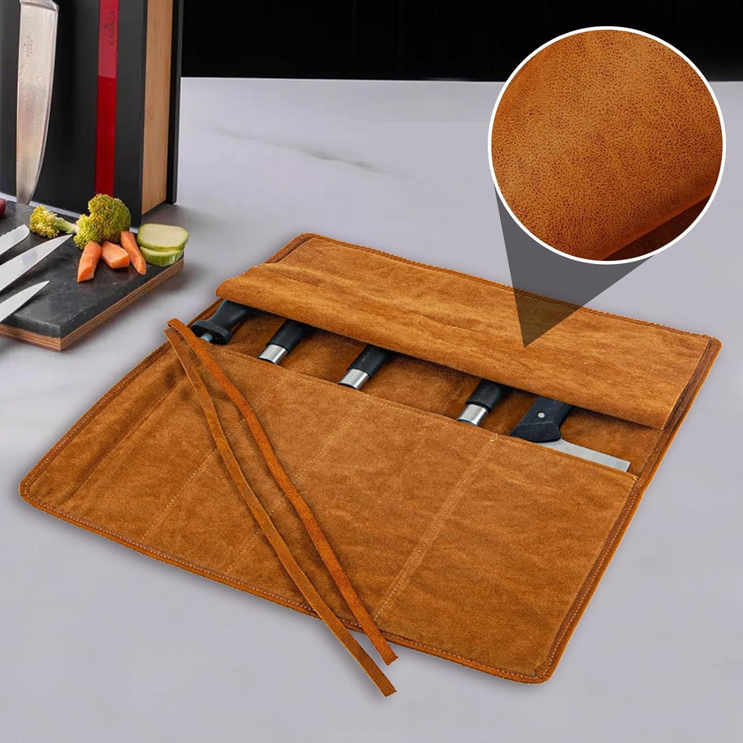 Bolsa de Roll de Cuchillos de Cuero Genuino 5 Compartimentos