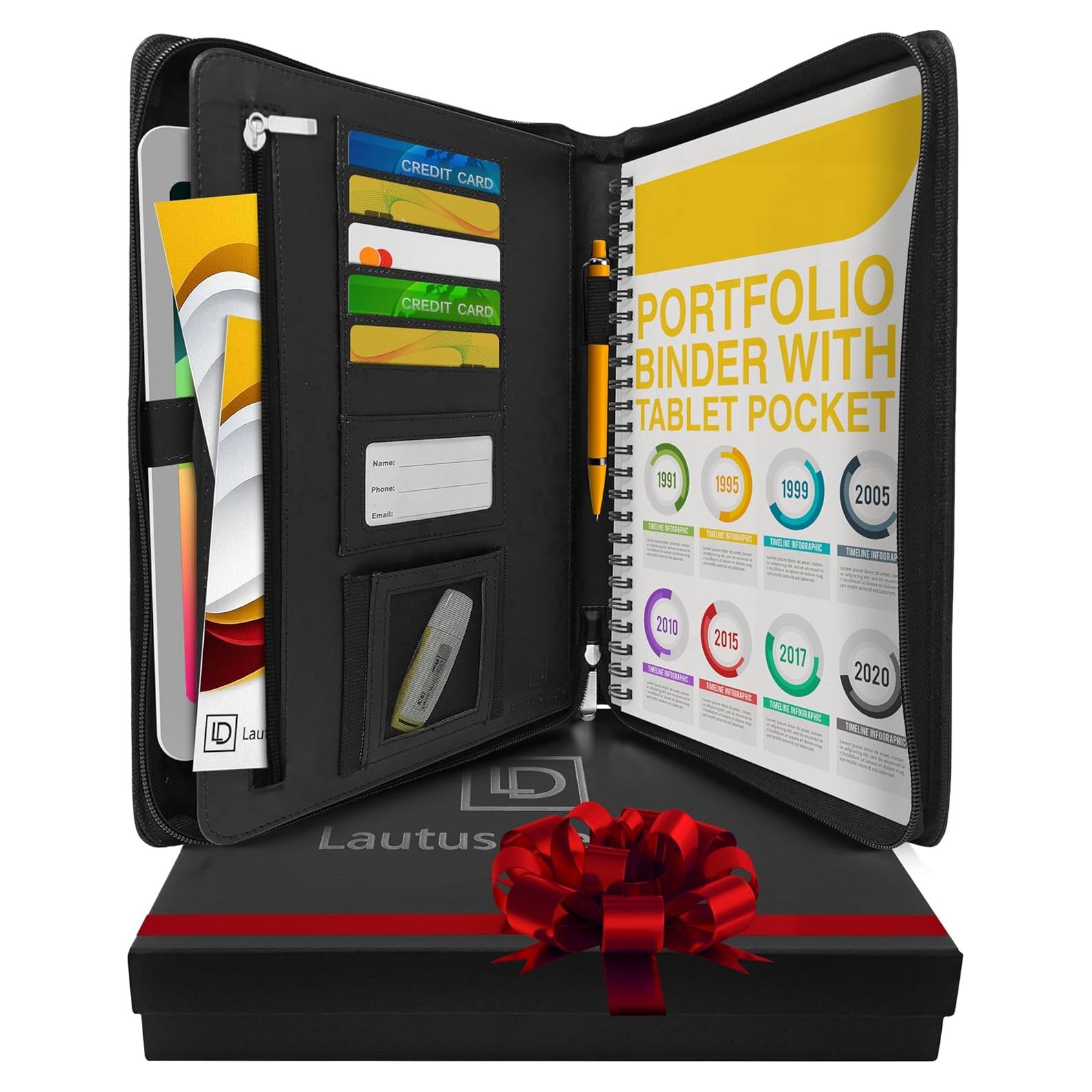 Carpeta de Cuero PU Lautus Designs Negra con Cremallera 32.5x25.4cm