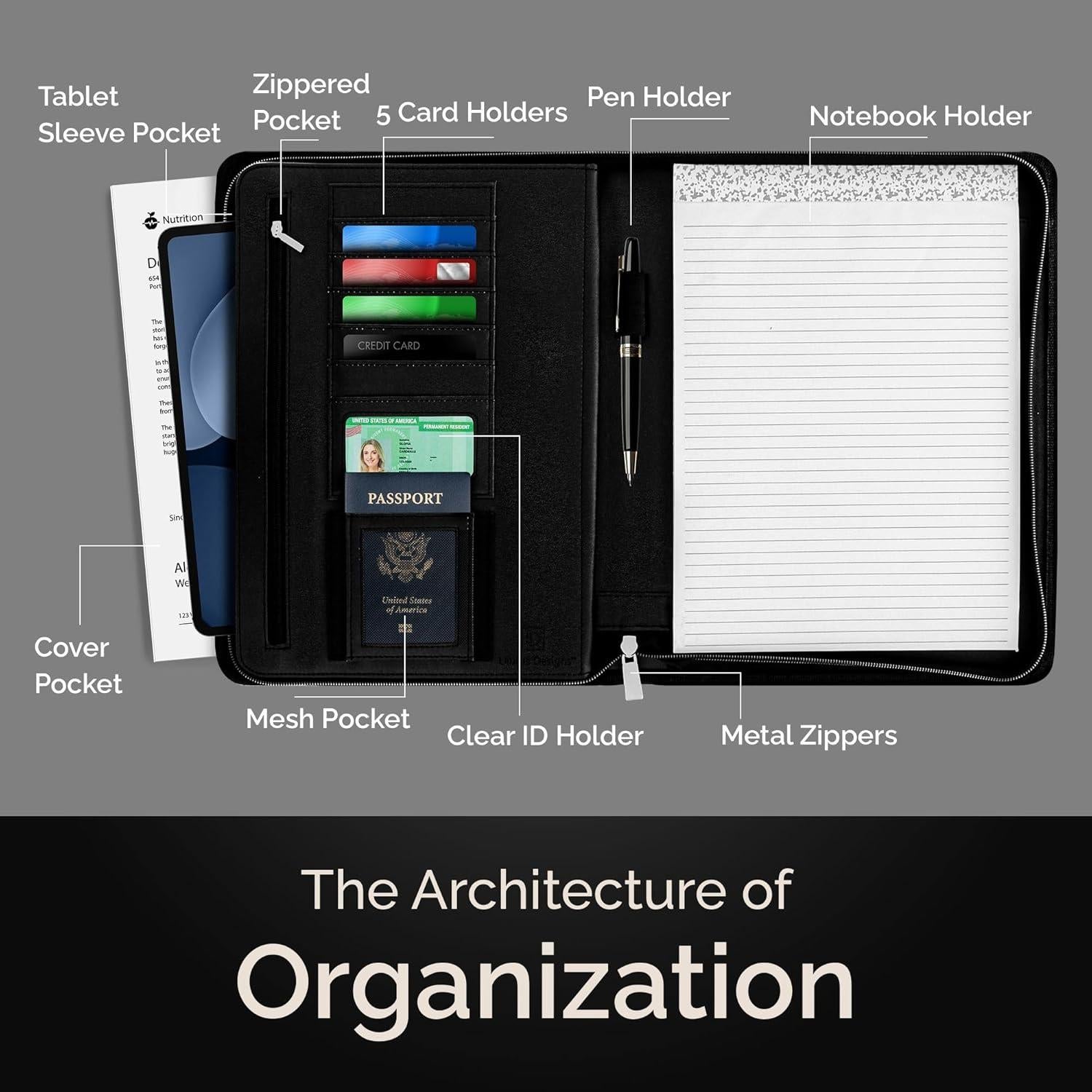 Carpeta de Cuero PU Lautus Designs Negra con Cremallera 32.5x25.4cm