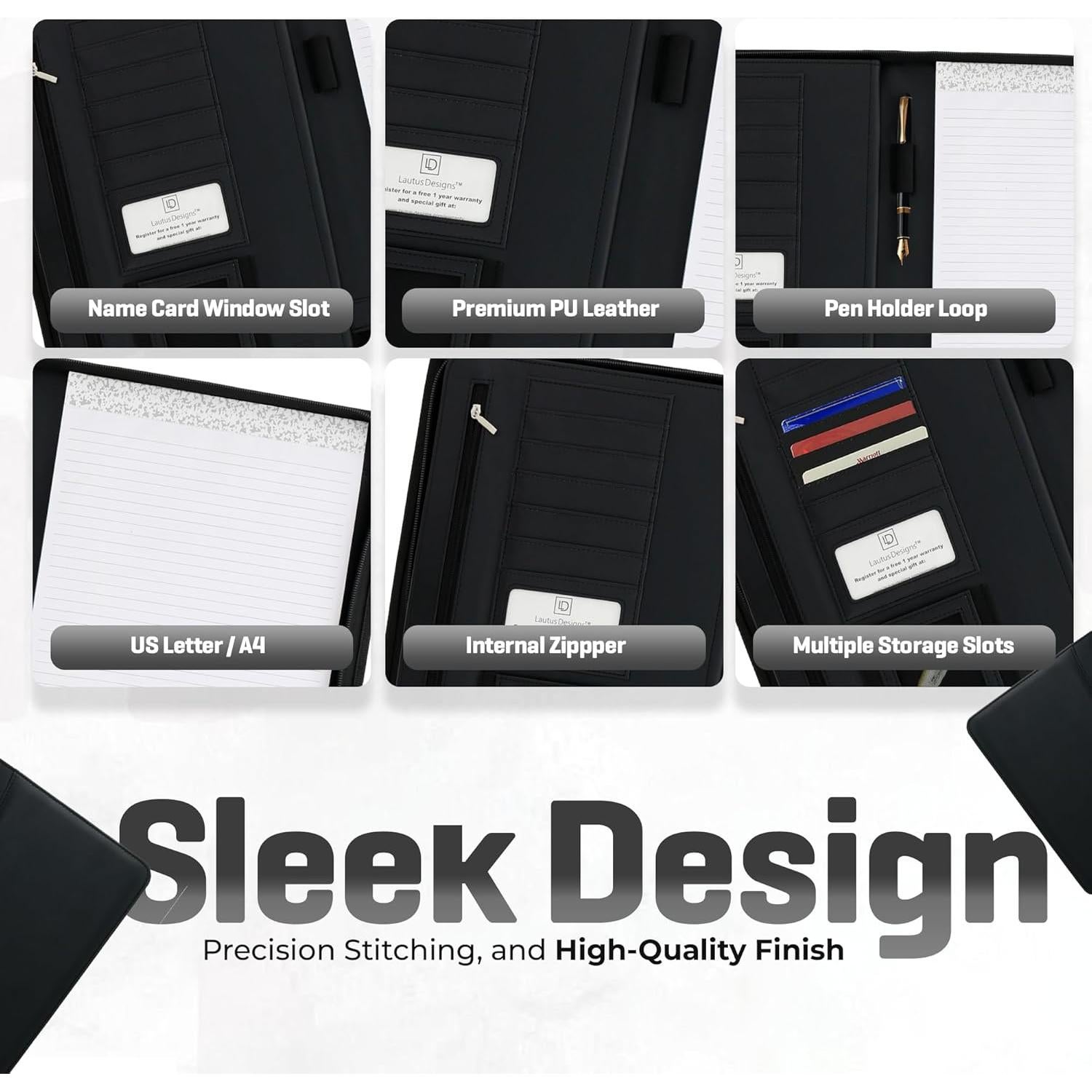 Carpeta de Cuero PU Lautus Designs Negra con Cremallera 32.5x25.4cm