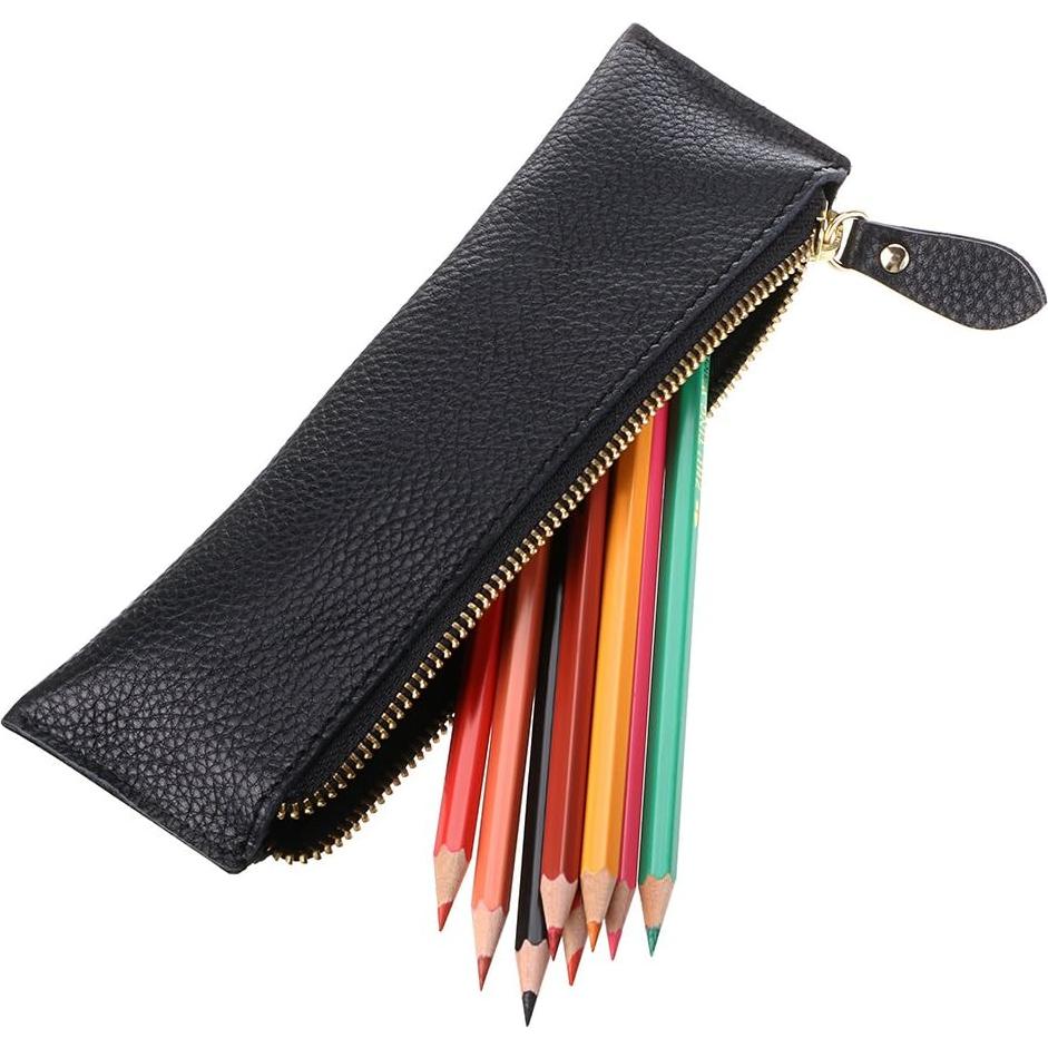 Estuche de Lápiz de Cuero BTSKY - Bolsa de Papelería Negra 21x6cm