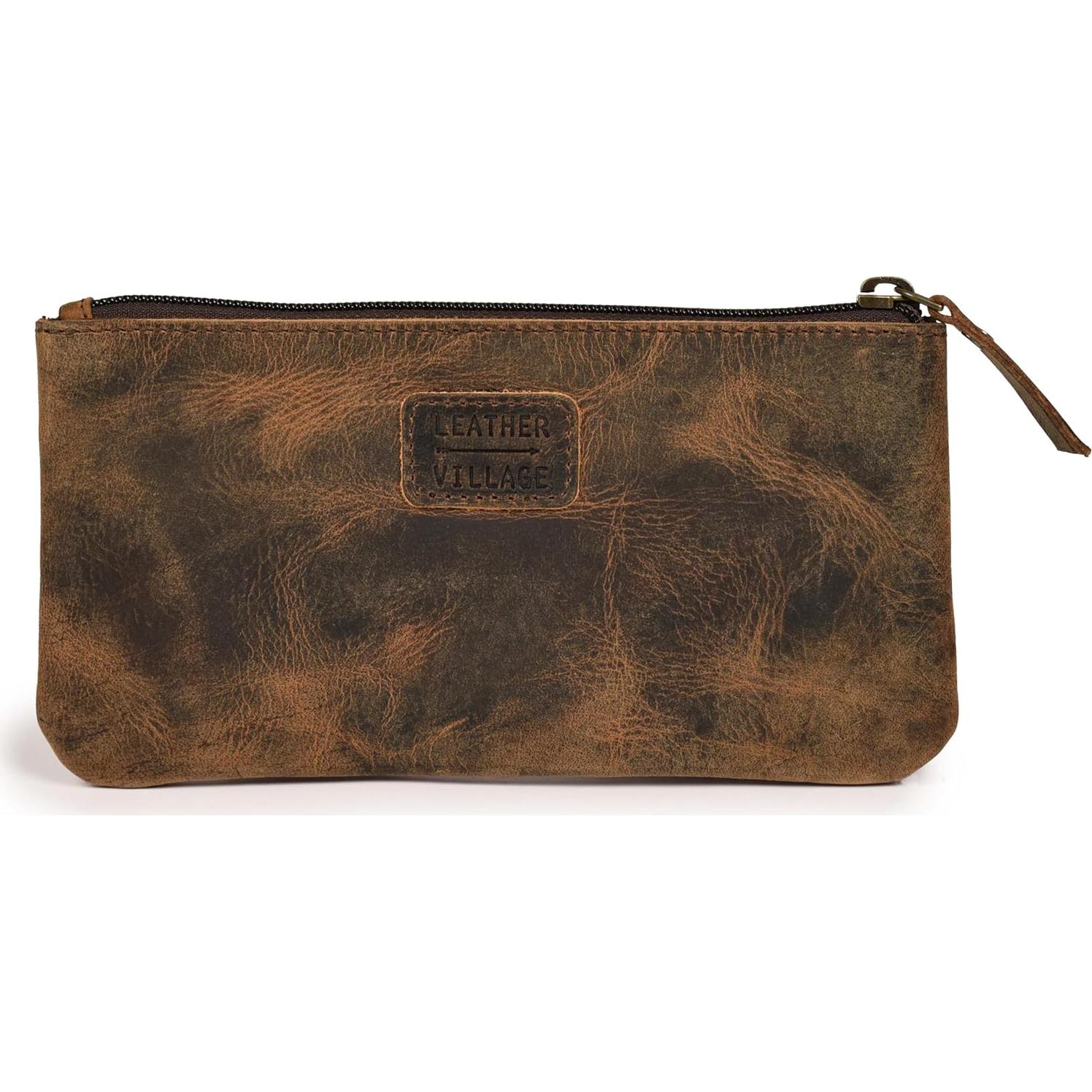 Funda de Lápiz de Cuero Genuino Leather Village - Marrón Vintage 20x10 cm