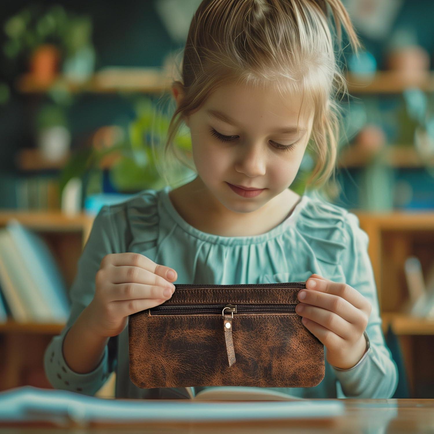 Funda de Lápiz de Cuero Genuino Leather Village - Marrón Vintage 20x10 cm