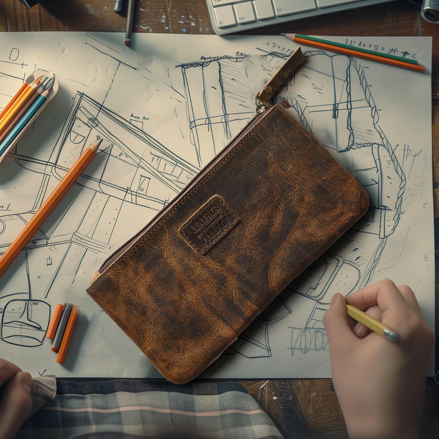 Funda de Lápiz de Cuero Genuino Leather Village - Marrón Vintage 20x10 cm