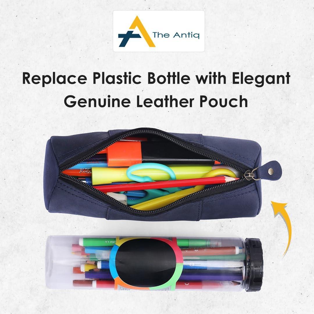 Estuche de Lápiz de Cuero Genuino Azul - 20.32x6.35cm