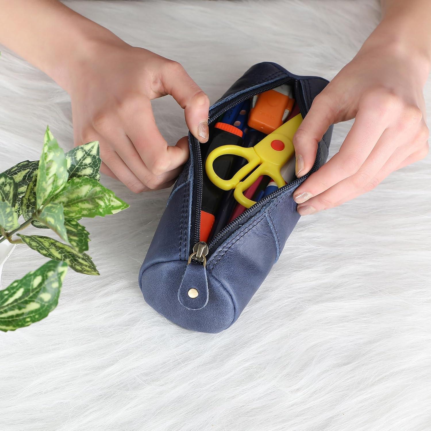 Estuche de Lápiz de Cuero Genuino Azul - 20.32x6.35cm