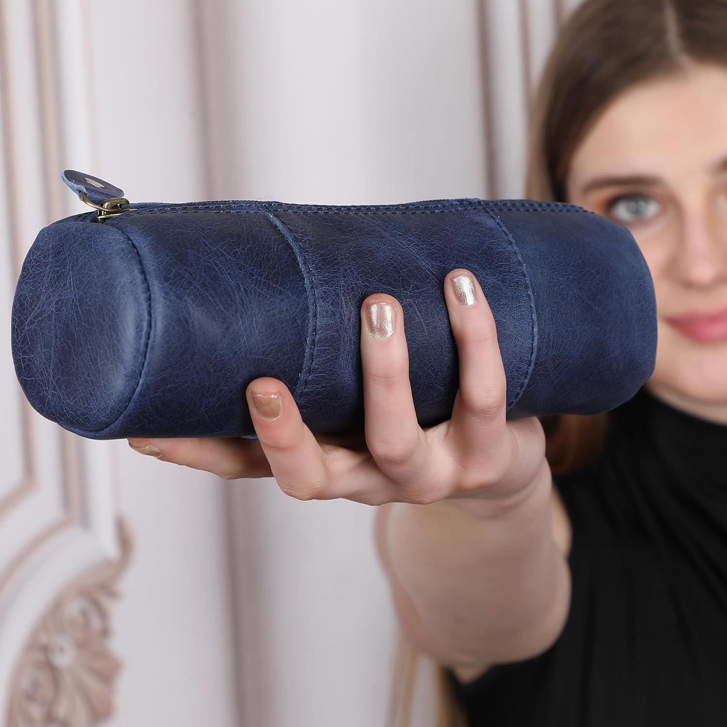 Estuche de Lápiz de Cuero Genuino Azul - 20.32x6.35cm