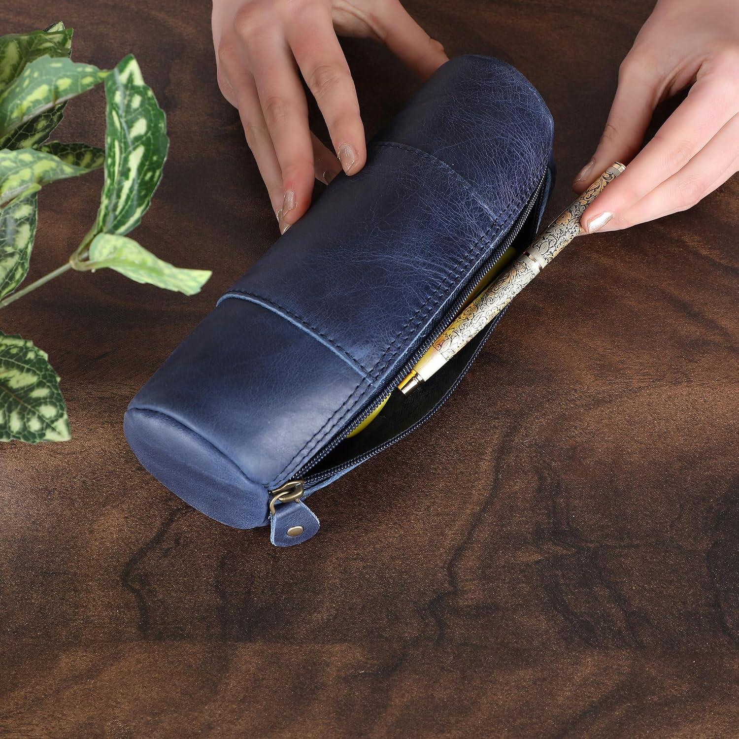 Estuche de Lápiz de Cuero Genuino Azul - 20.32x6.35cm