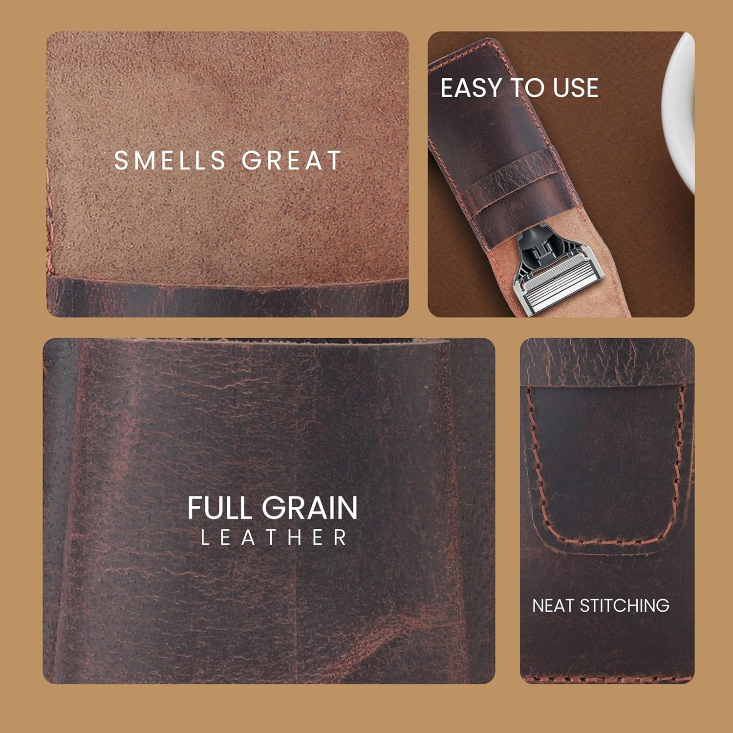 Estuche de Afeitar de Cuero CestAntiQ Marrón para Doble Bisel