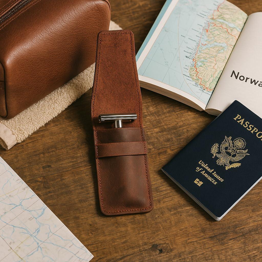 Estuche de Afeitar de Cuero CestAntiQ Marrón para Doble Bisel