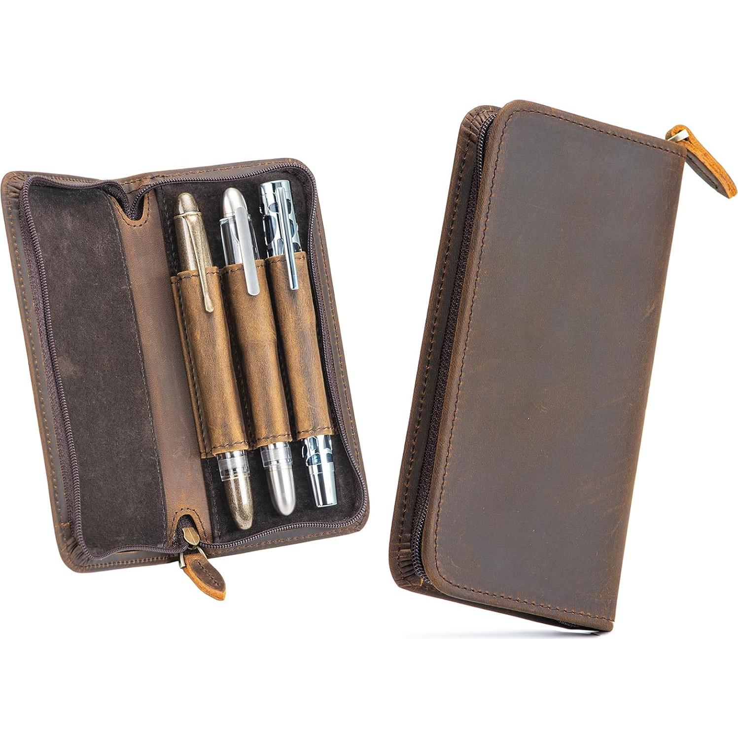 Estuche para Plumas Fuente Asvine de Cuero Crazy Horse 3 Compartimentos