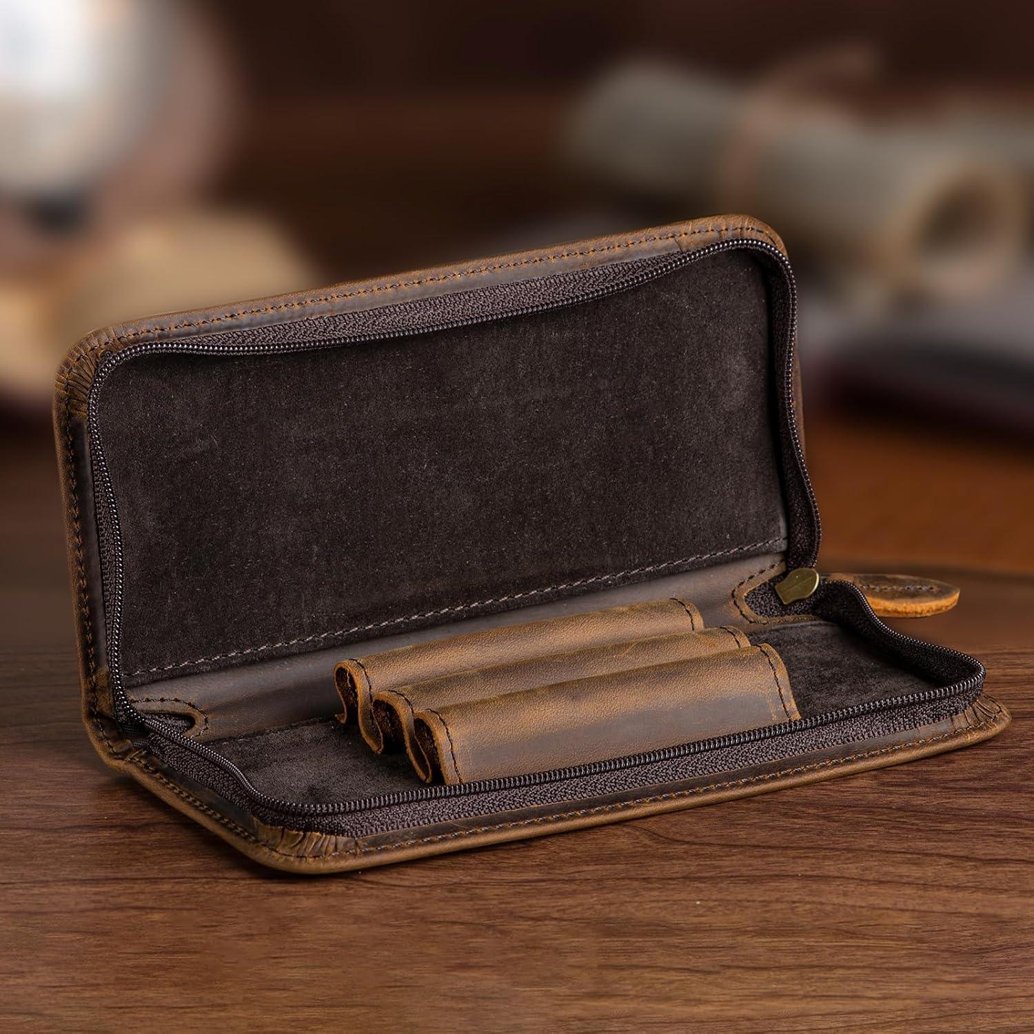 Estuche para Plumas Fuente Asvine de Cuero Crazy Horse 3 Compartimentos