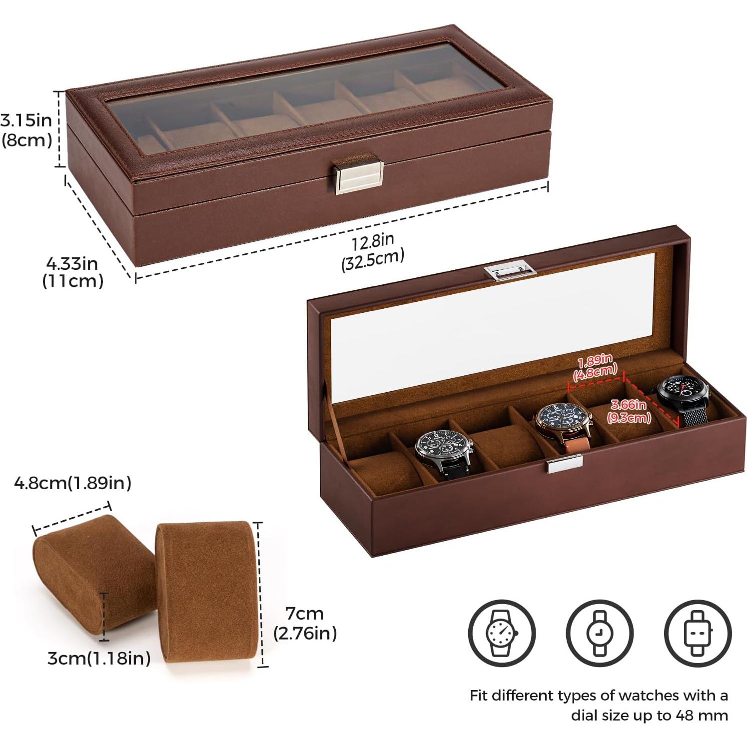 Caja de Reloj ProCase 6 Compartimentos Espresso con Tapa de Vidrio