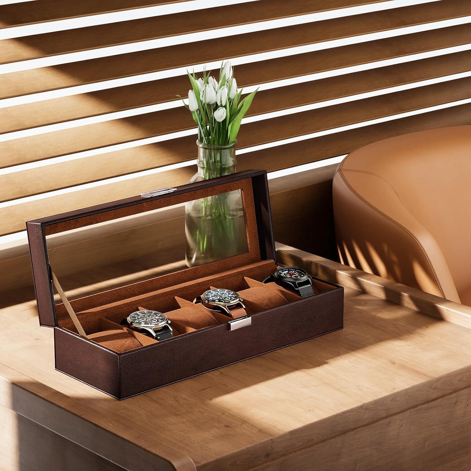 Caja de Reloj ProCase 6 Compartimentos Espresso con Tapa de Vidrio