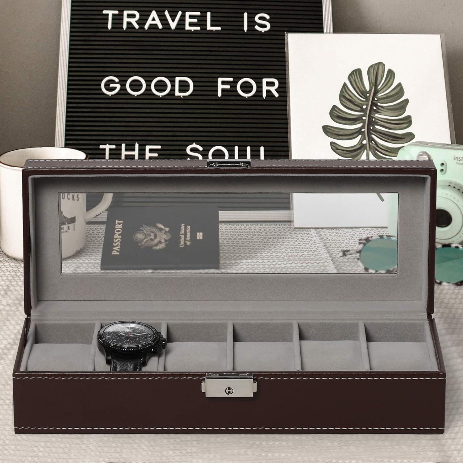 Caja de Reloj NEX de Cuero Sintético 6 Compartimentos Marrón