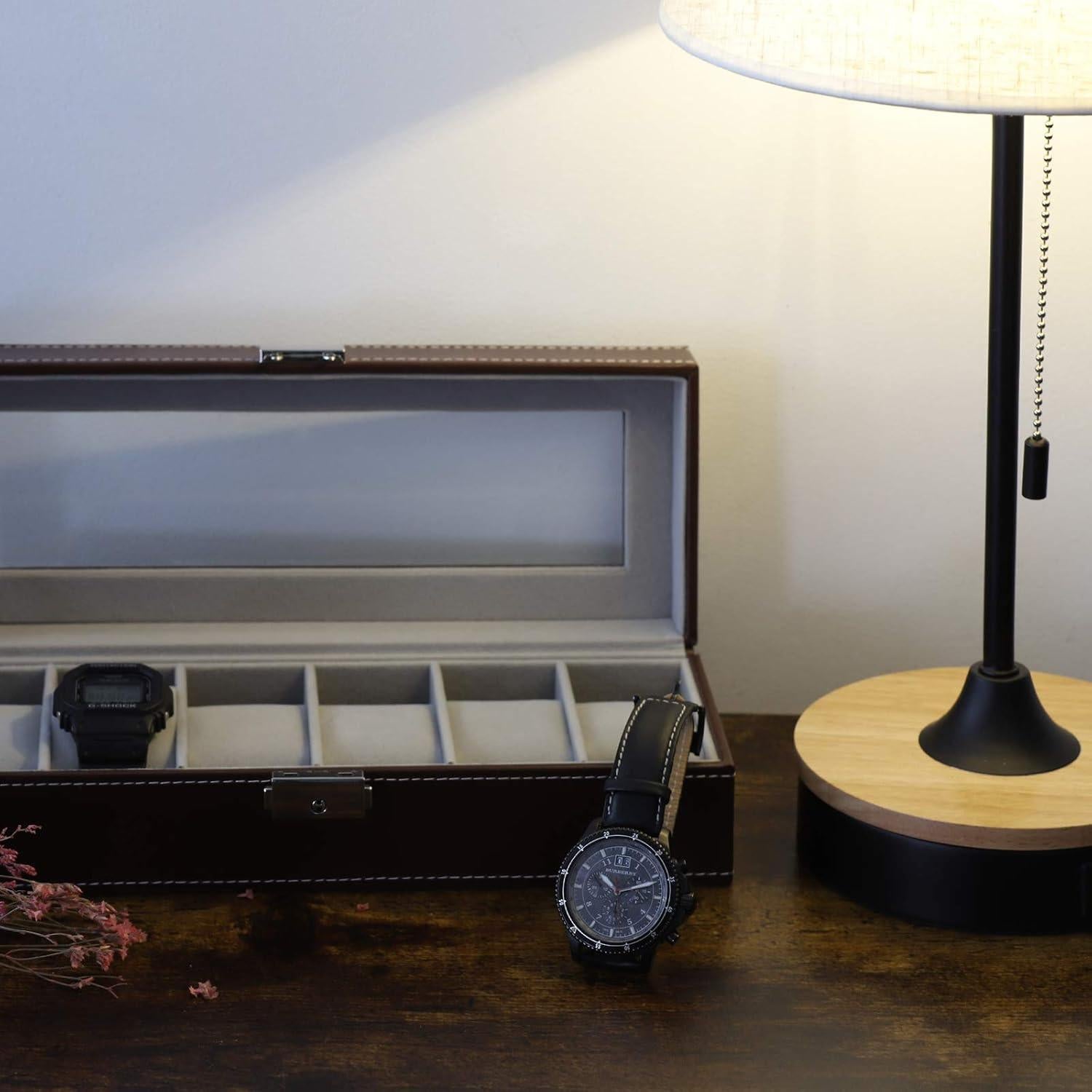 Caja de Reloj NEX de Cuero Sintético 6 Compartimentos Marrón