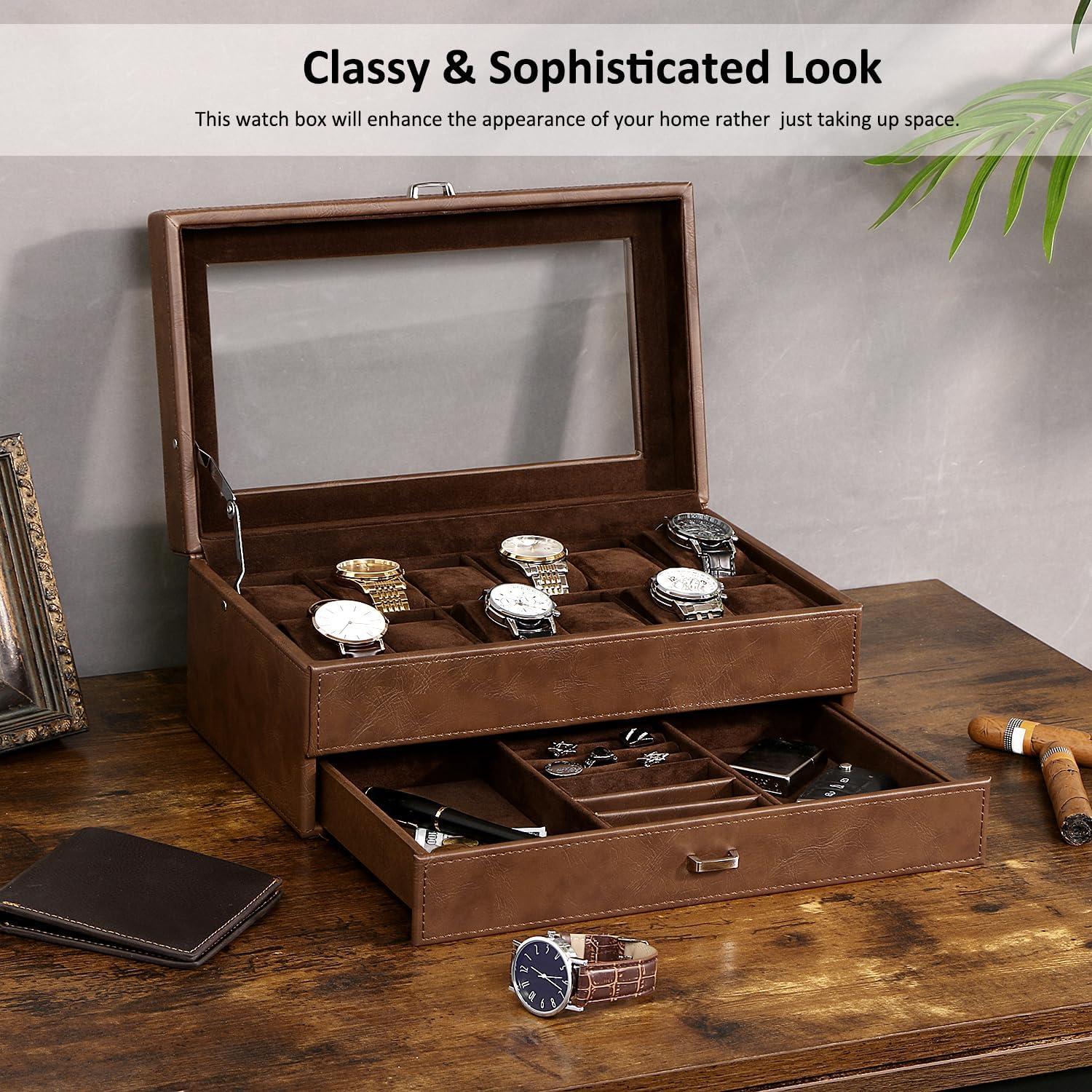 Caja de Reloj BEWISHOME 12 Compartimentos 2 Capas Espresso