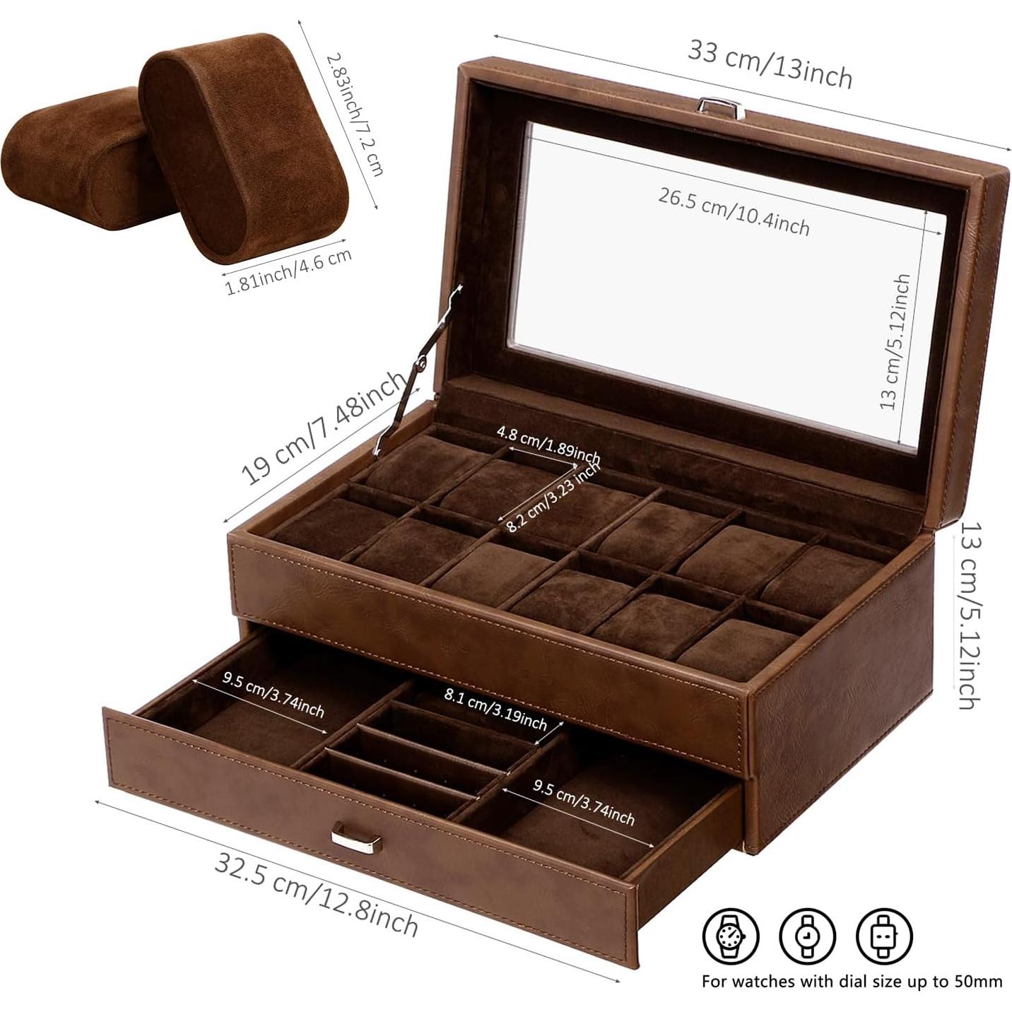 Caja de Reloj BEWISHOME 12 Compartimentos 2 Capas Espresso