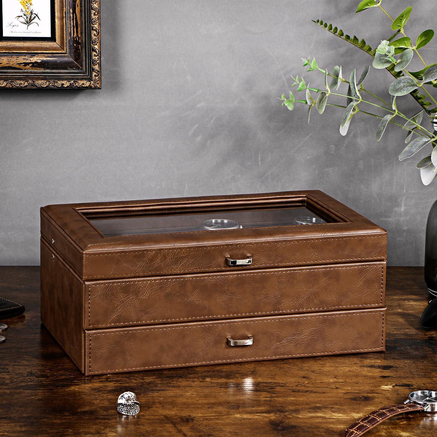 Caja de Reloj BEWISHOME 12 Compartimentos 2 Capas Espresso