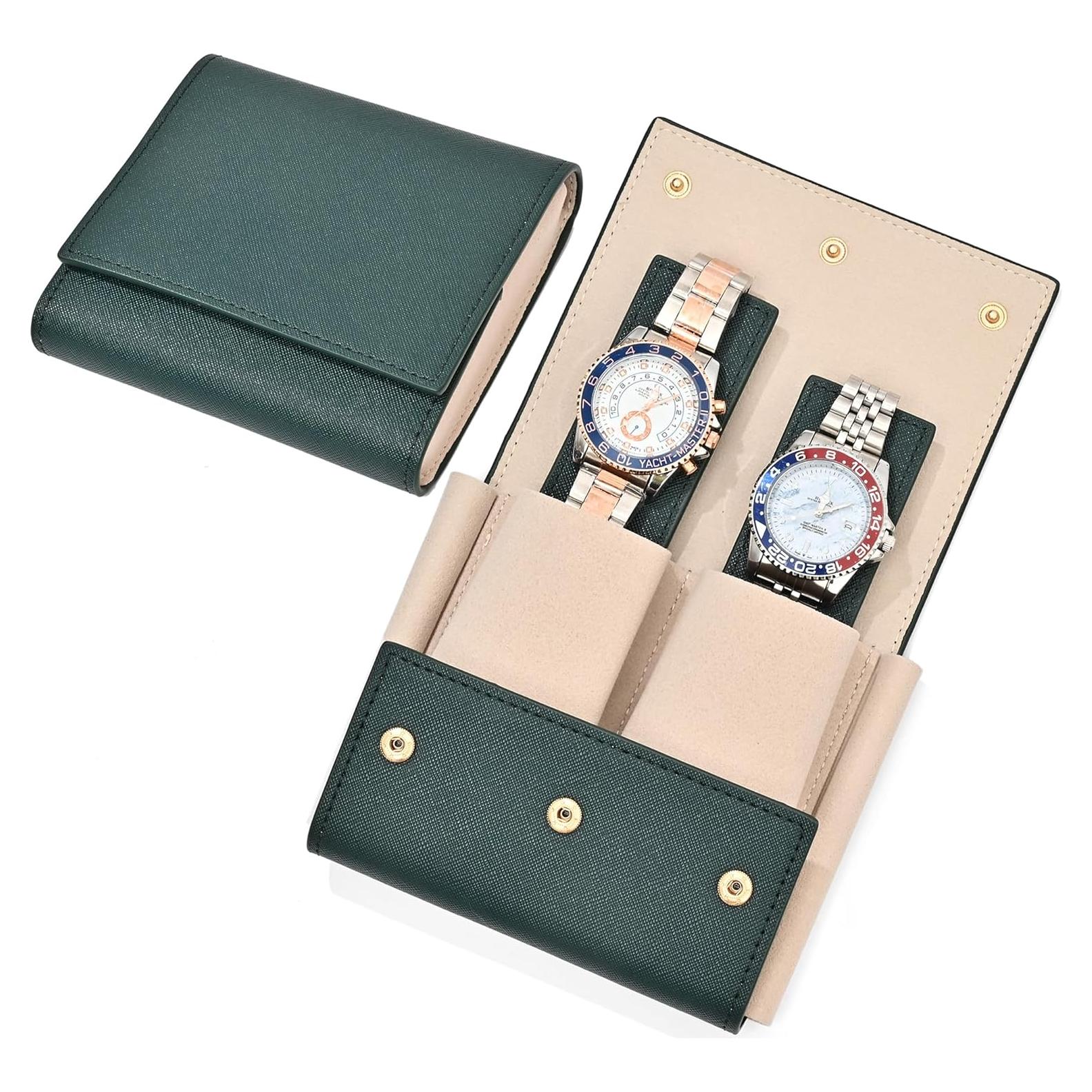 Funda de Reloj de Cuero MGZKV Verde-Doble para 2 Relojes
