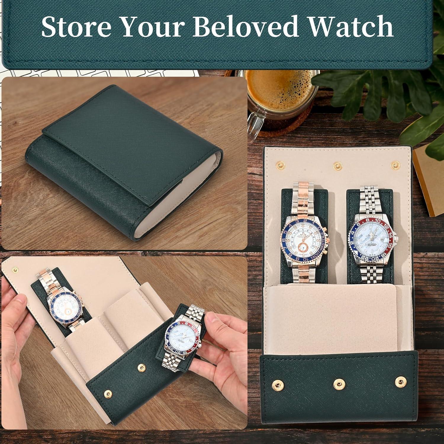 Funda de Reloj de Cuero MGZKV Verde-Doble para 2 Relojes