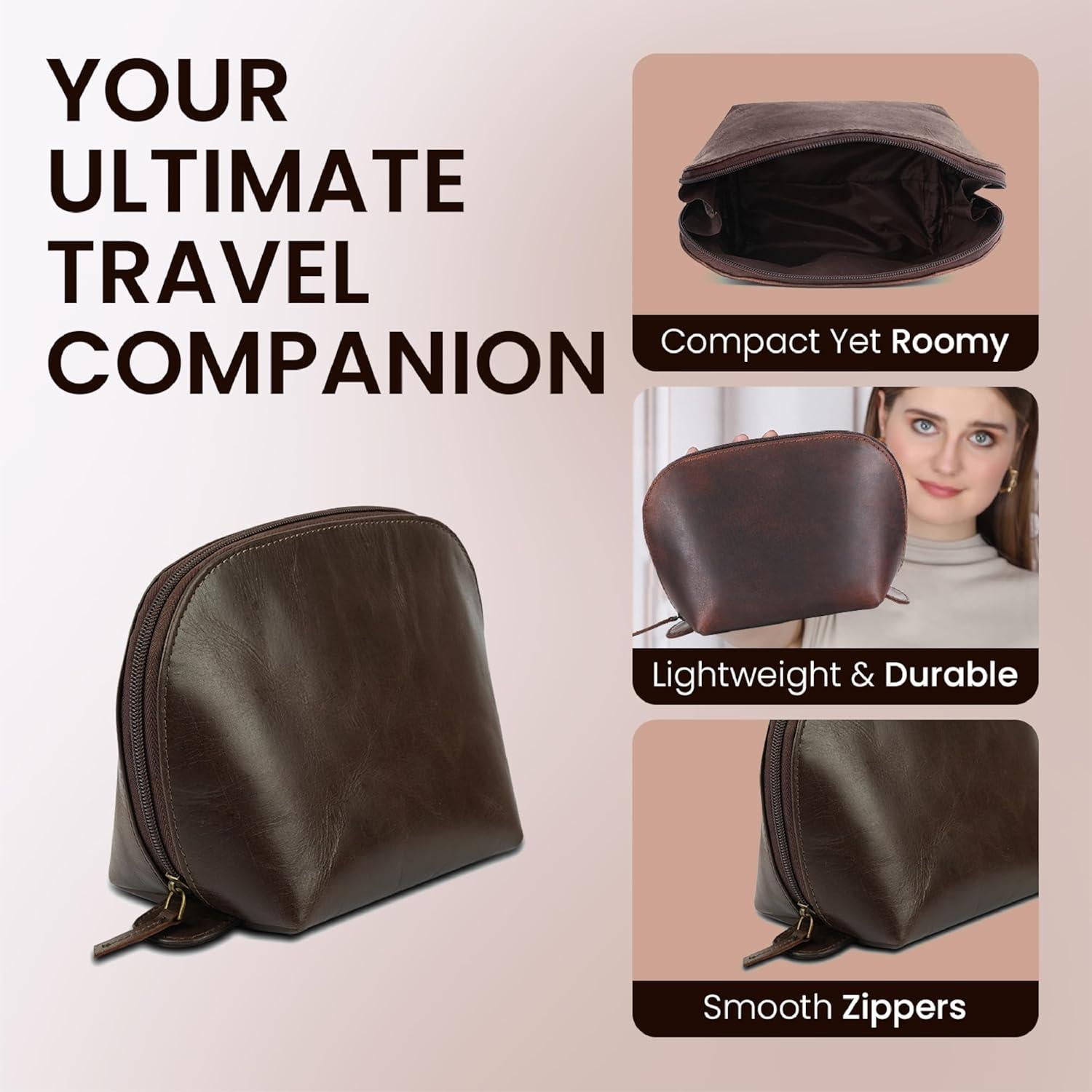 Estuche Cosmético de Cuero Genuino The Antiq Marrón 22.86x15.24cm