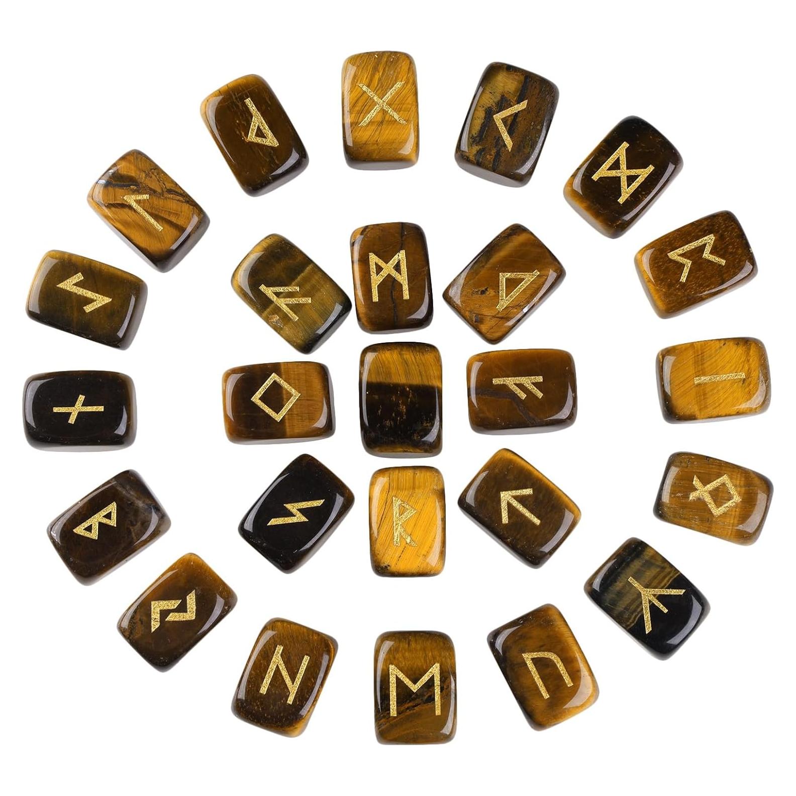 Conjunto de 25 Piedras Rúnicas Grabadas con Letras Doradas
