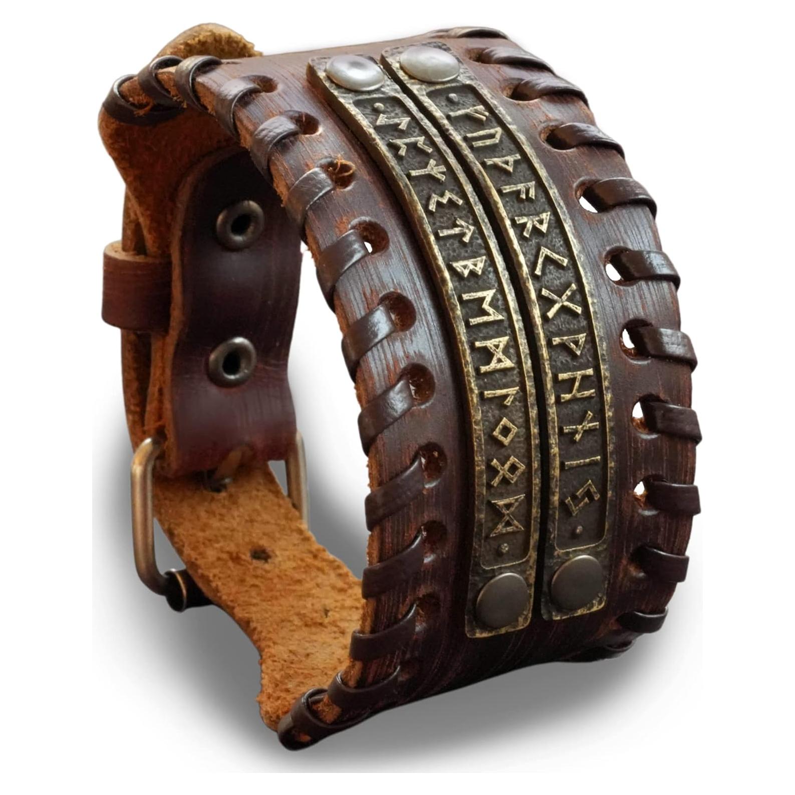 Pulsera de Cuero Genuino Baldur Jewelry con Runas Vikingas Ajustable